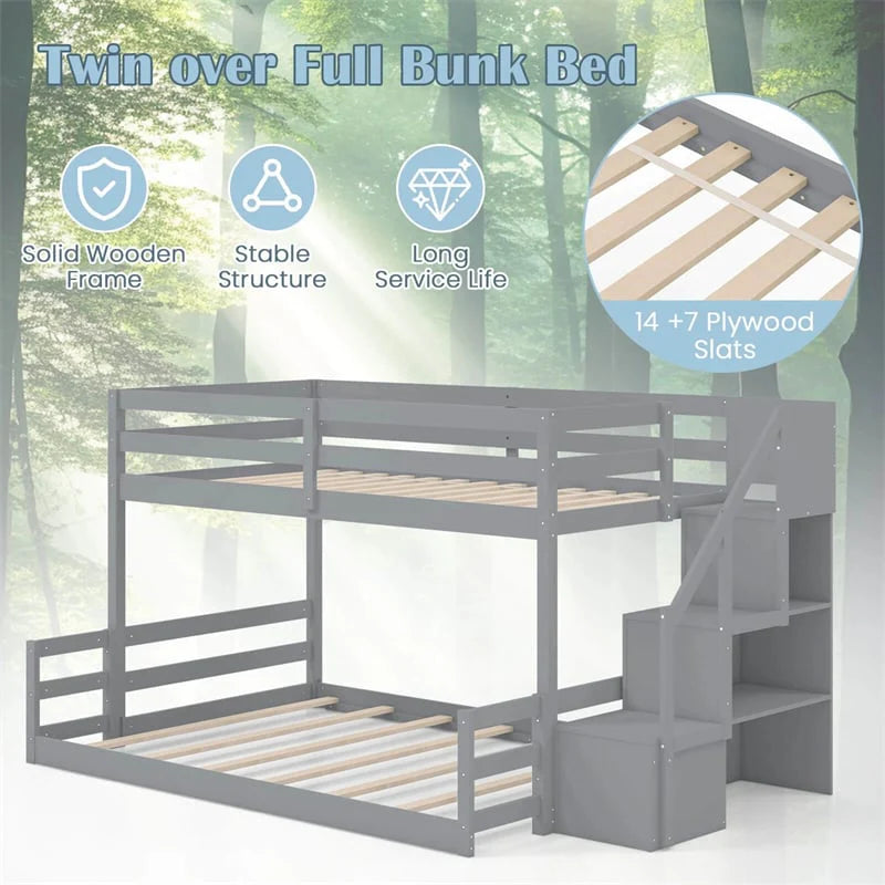 Twin Over Full Bunk Bed with Storage Stairs, Solid Wood Floor Bunk Bed with Full-Length Guardrails - Product image 17