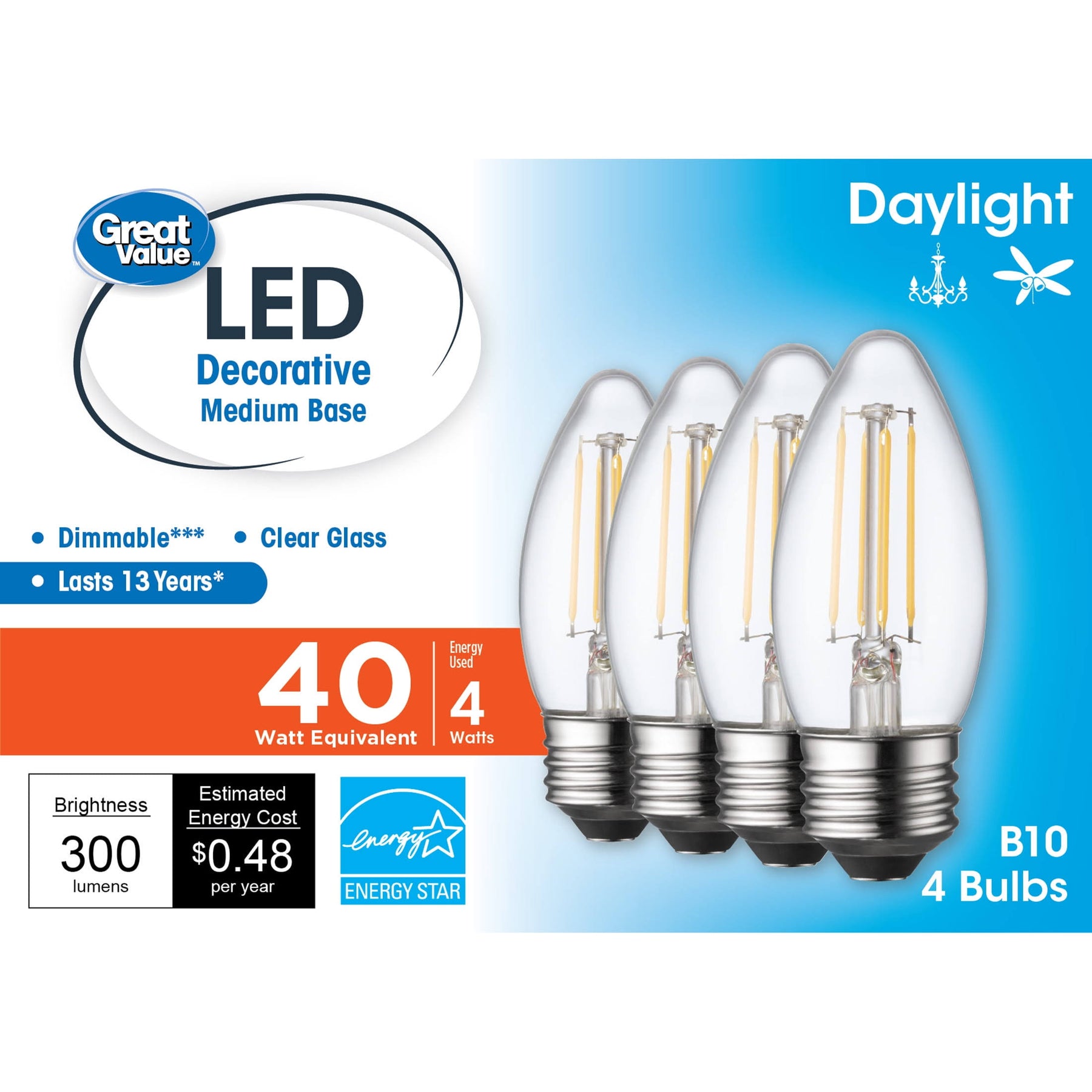Great Value LED Light Bulb, 4 Watts (40w Equivalent) B10 Deco Lamp E26 Medium Base, Dimmable, Daylight - Product image 1