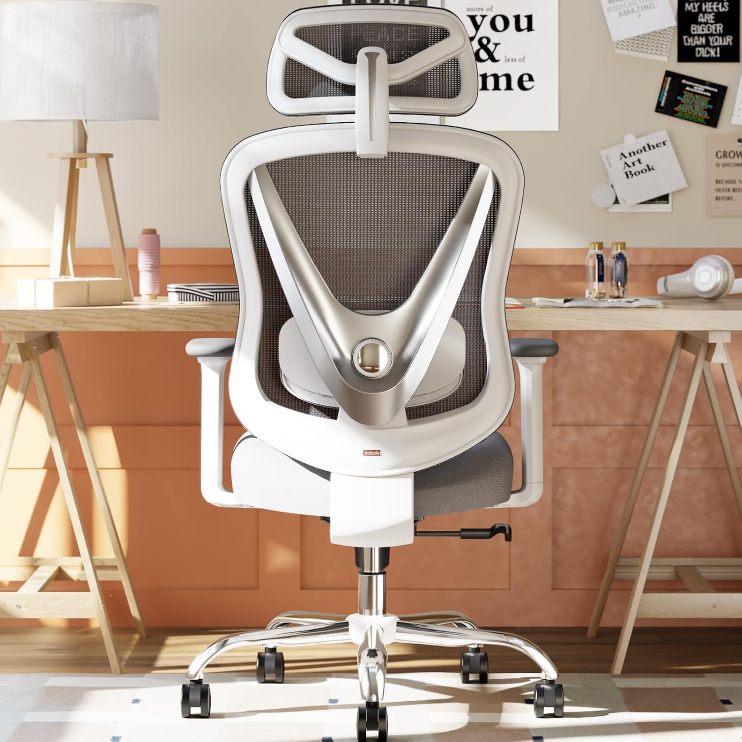 HOLLUDLE Ergonomic Office Chair with 3D Lumbar Support & Adjustable 3D Armrests – V-Back Design, Comfortable Office Chair for Office and Home, White
