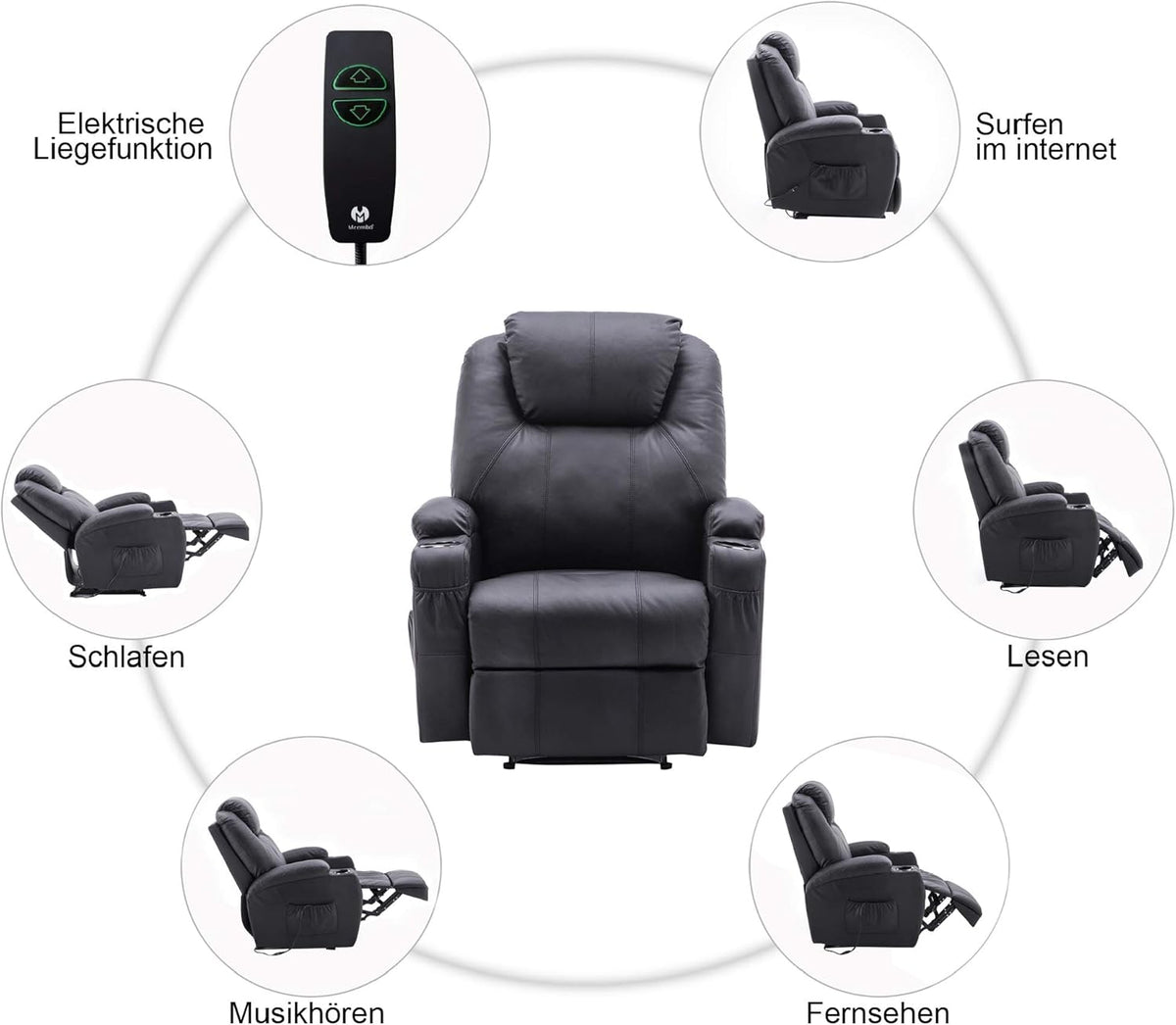 M MCombo Electric Relax Armchair Massage Armchair TV Armchair Reclining Function Vibration Heating 7061 New Model (Black Imitation Leather)