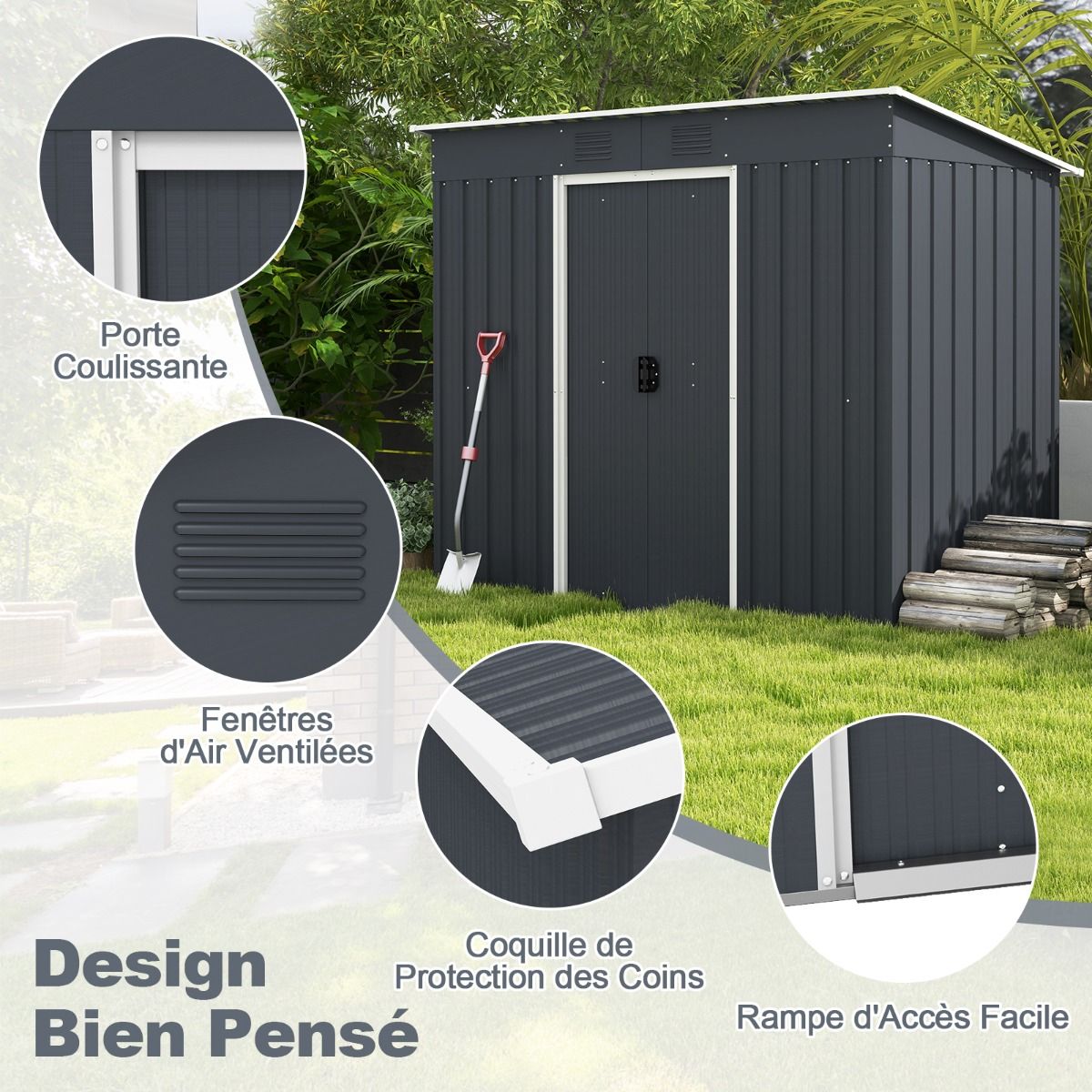 Metal Garden Shed 2.4 ㎡ Single Slope Roof Garden Shed 2 Lockable Sliding Doors Foundation 2 Ventilation Holes Gray -