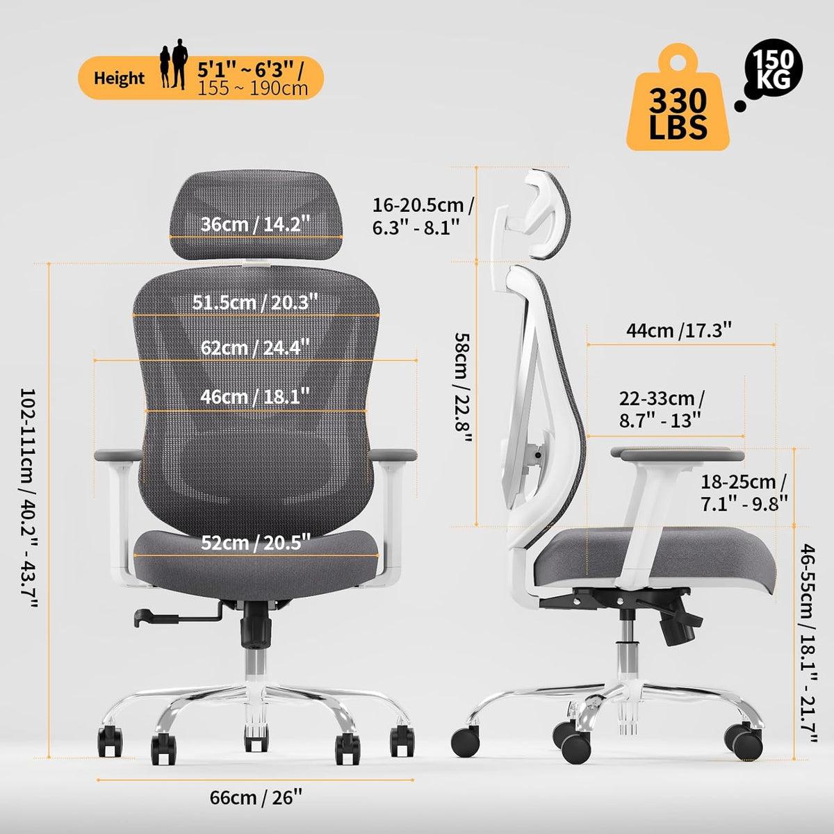 HOLLUDLE Ergonomic Office Chair with 3D Lumbar Support & Adjustable 3D Armrests – V-Back Design, Comfortable Office Chair for Office and Home, White