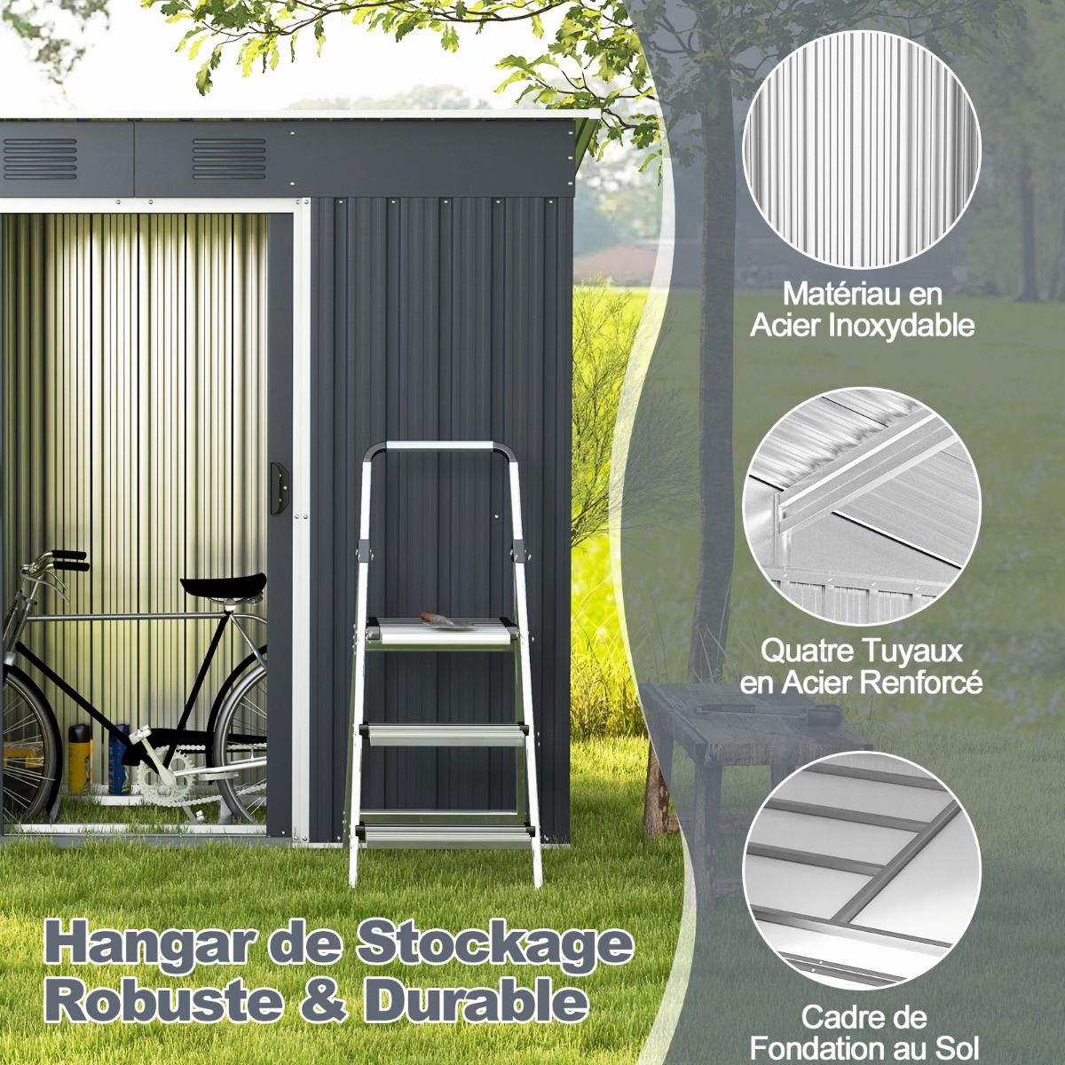 Metal Garden Shed 2.4 ㎡ Single Slope Roof Garden Shed 2 Lockable Sliding Doors Foundation 2 Ventilation Holes Gray -