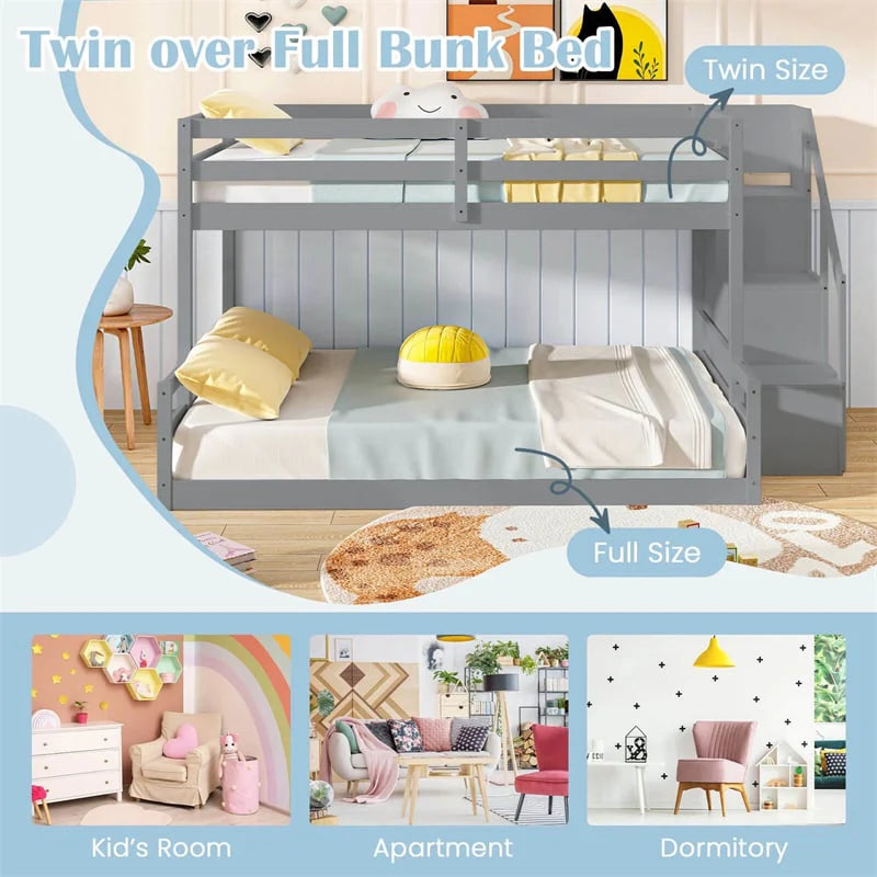 Twin Over Full Bunk Bed with Storage Stairs, Solid Wood Floor Bunk Bed with Full-Length Guardrails - Product image 18