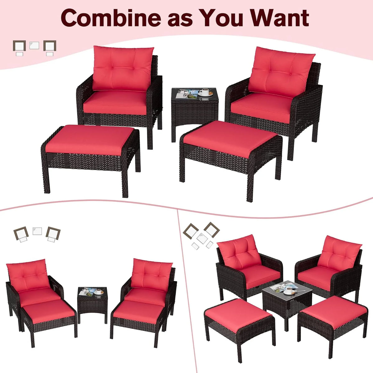 AECOJOY Outdoor 5 Pieces Patio Furniture Set, PE Rattan Wicker Chairs with Ottoman and Table, Brown/Red - Product image 4