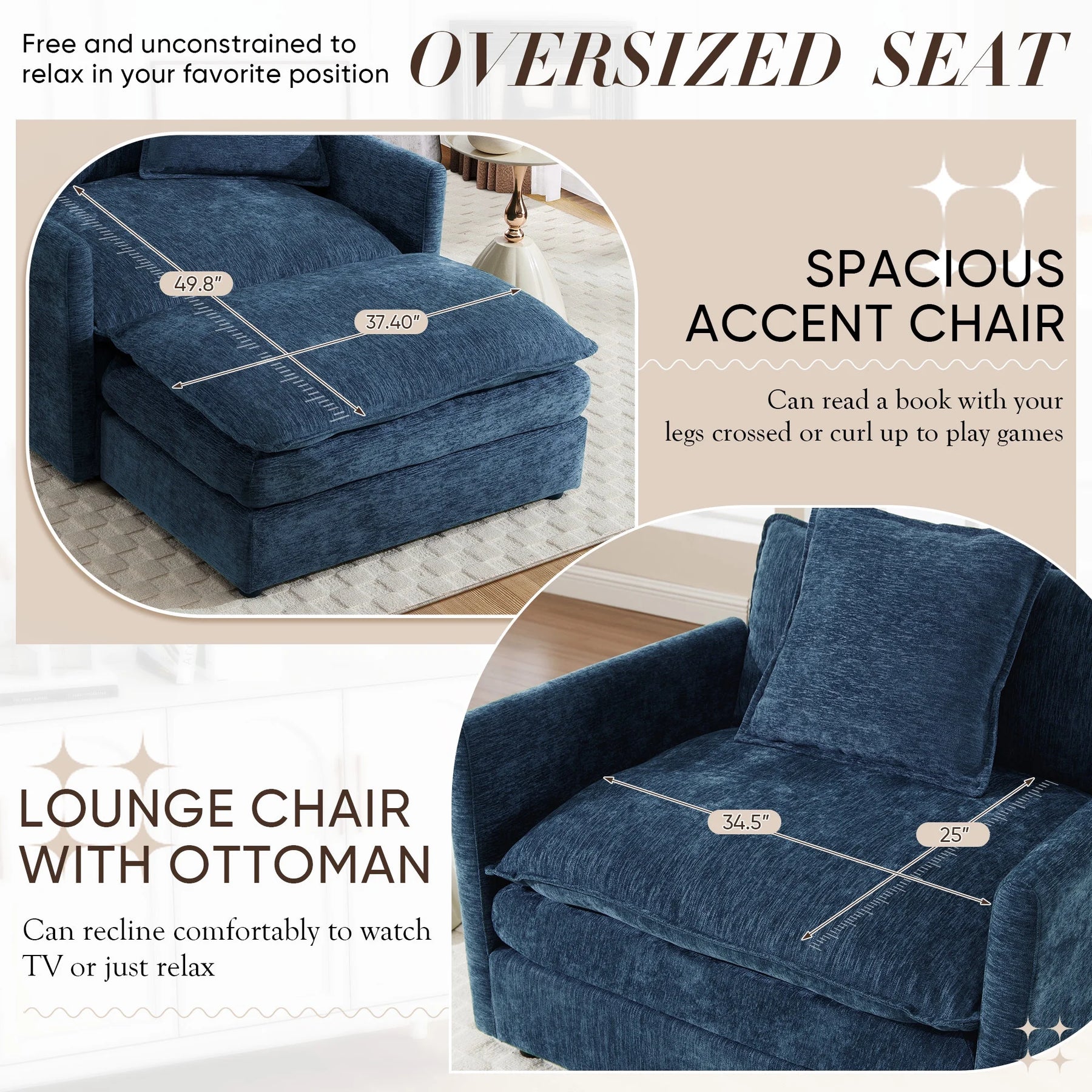 Muumblus Oversized Lounge Chair with Ottoman, Cloud Accent Armchair for Living Room, Beige Chenille - Product image 36
