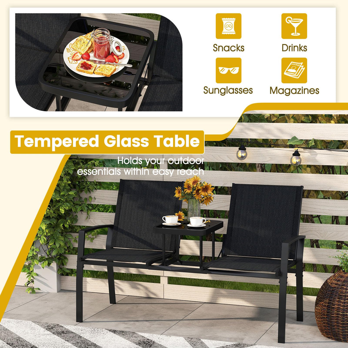 Tangkula Patio Loveseat with Built-in Table with Breathable Fabric Back - Product image 6