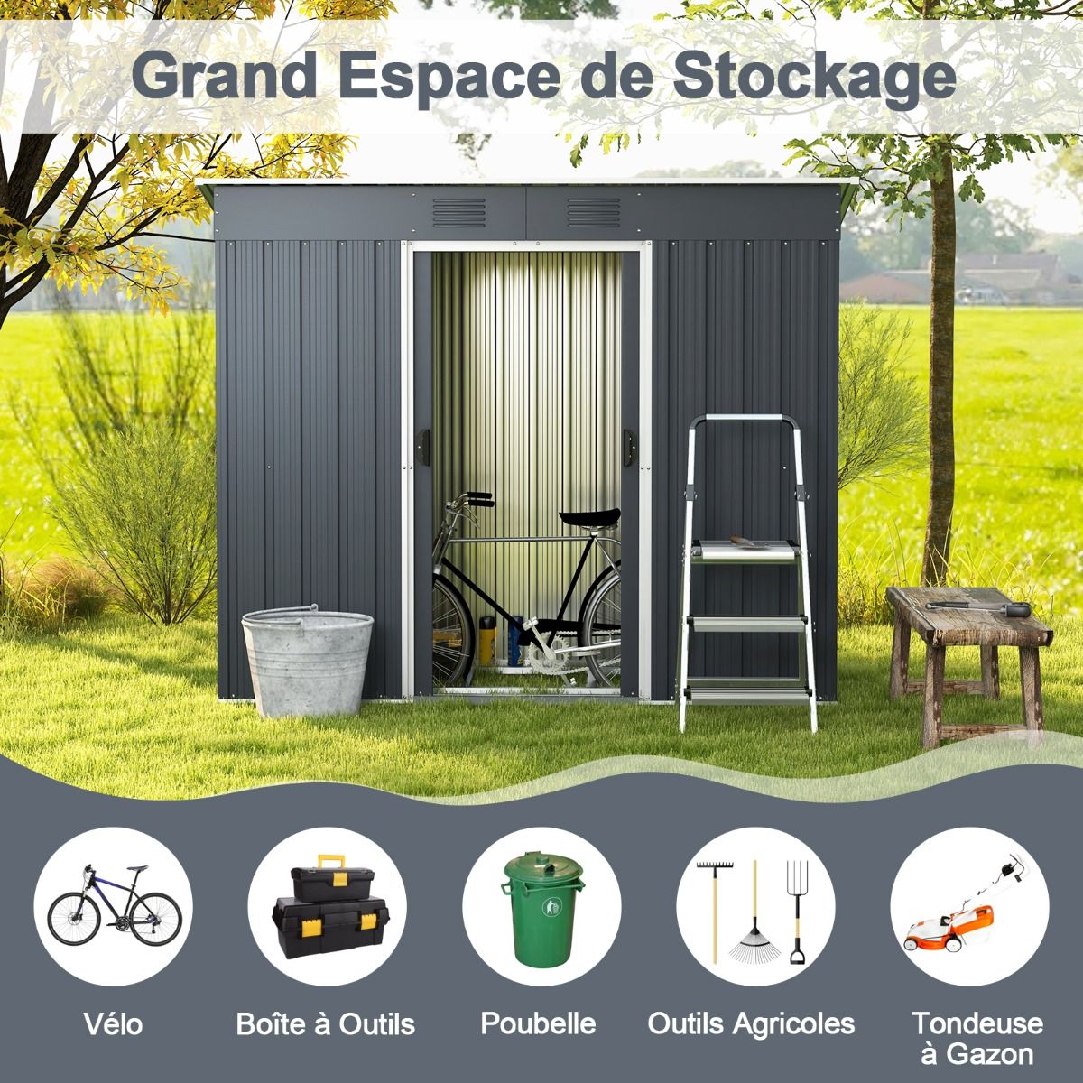 Metal Garden Shed 2.4 ㎡ Single Slope Roof Garden Shed 2 Lockable Sliding Doors Foundation 2 Ventilation Holes Gray -