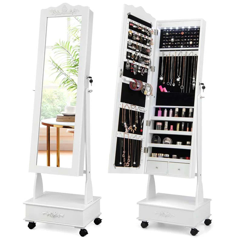 Standing Jewelry Armoire with Full-Length Mirror, Drawers, Lights & Wheels - Product image 9