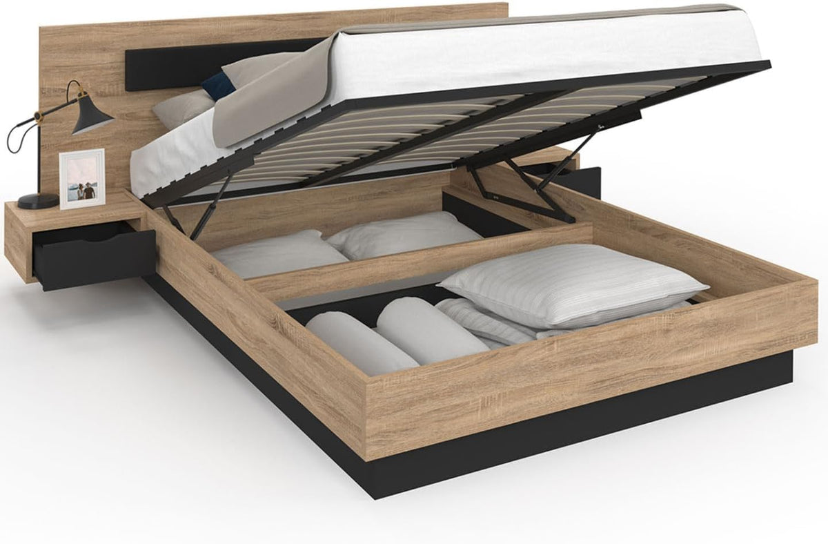 IDMarket - Santa Storage Bed with Integrated Bedside Tables and Box Spring 140x190cm Wood and Black Color