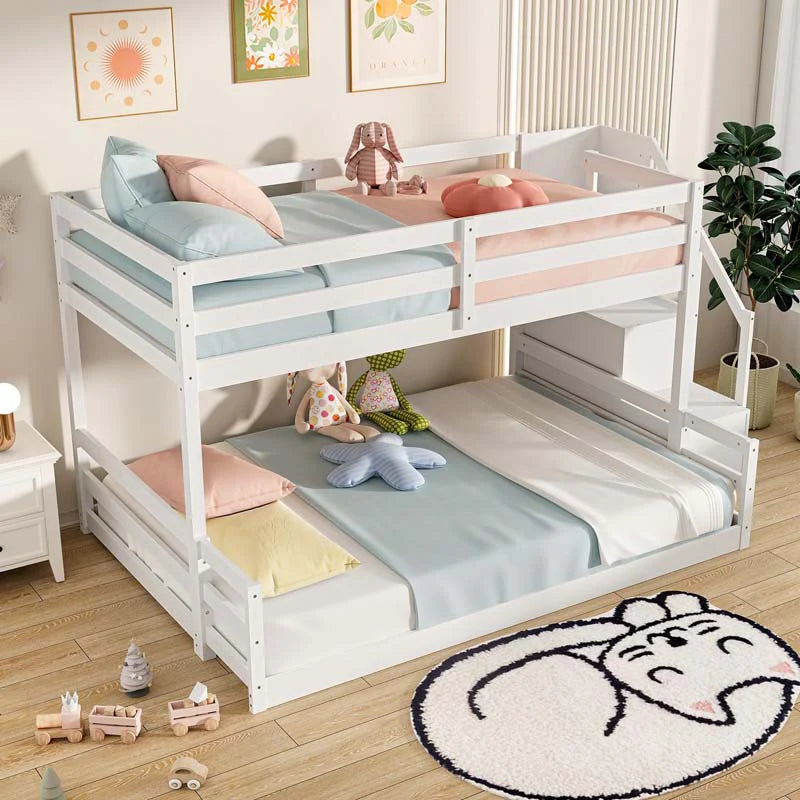 Twin Over Full Bunk Bed with Storage Stairs, Solid Wood Floor Bunk Bed with Full-Length Guardrails - Product image 2