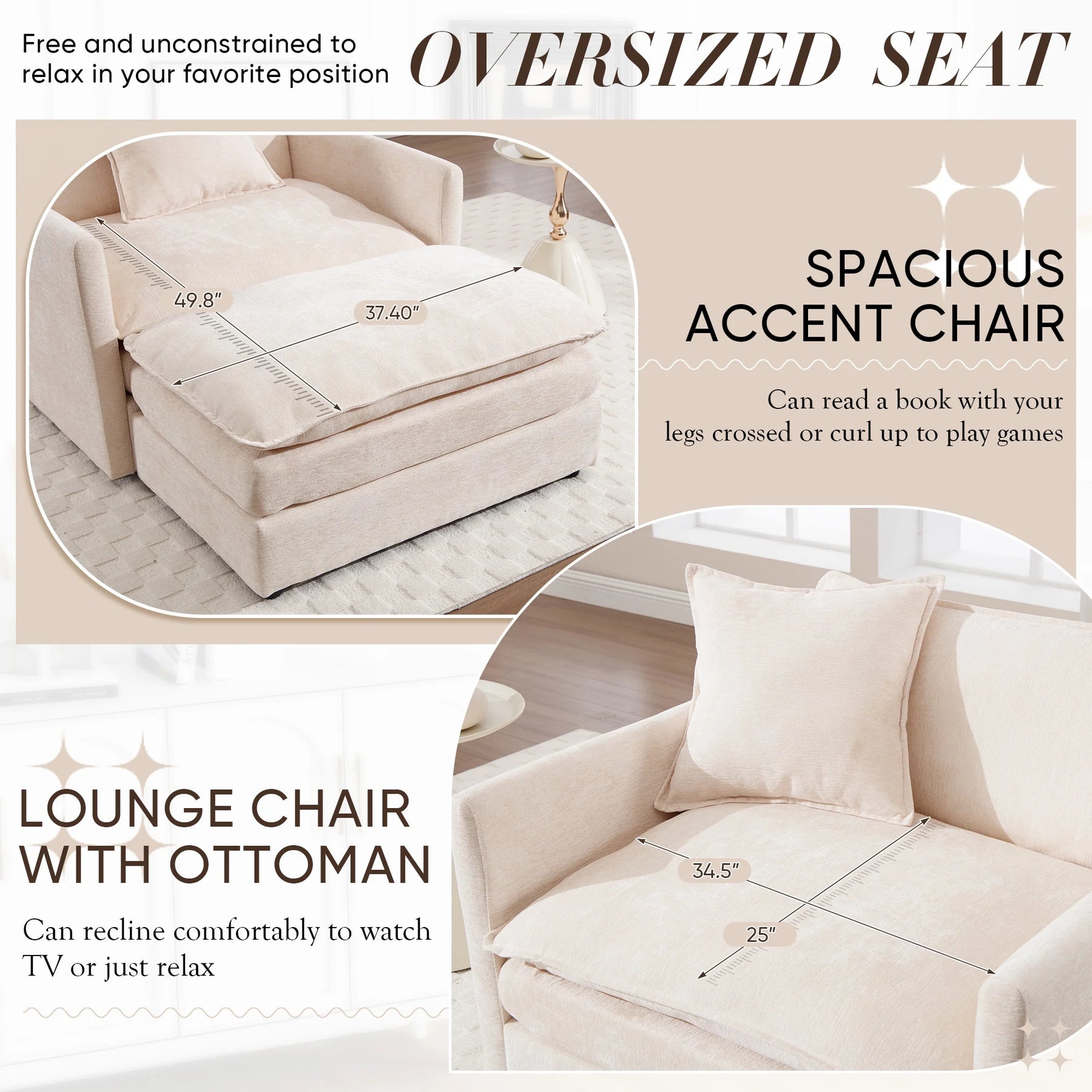 Muumblus Oversized Lounge Chair with Ottoman, Cloud Accent Armchair for Living Room, Beige Chenille - Product image 10