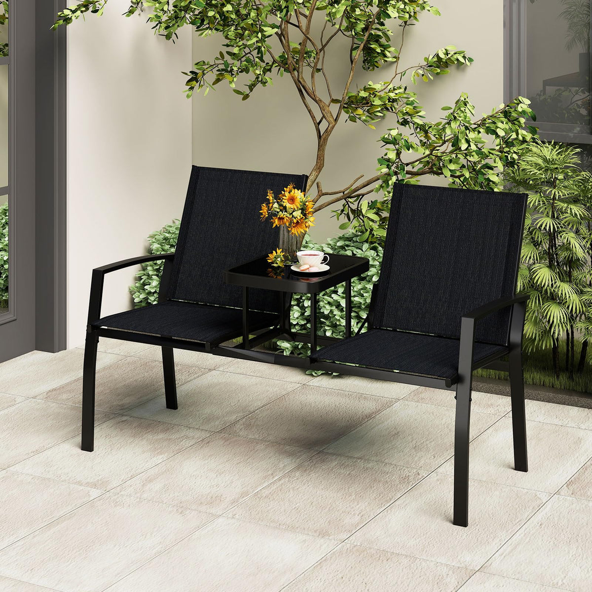 Tangkula Patio Loveseat with Built-in Table with Breathable Fabric Back - Product image 9