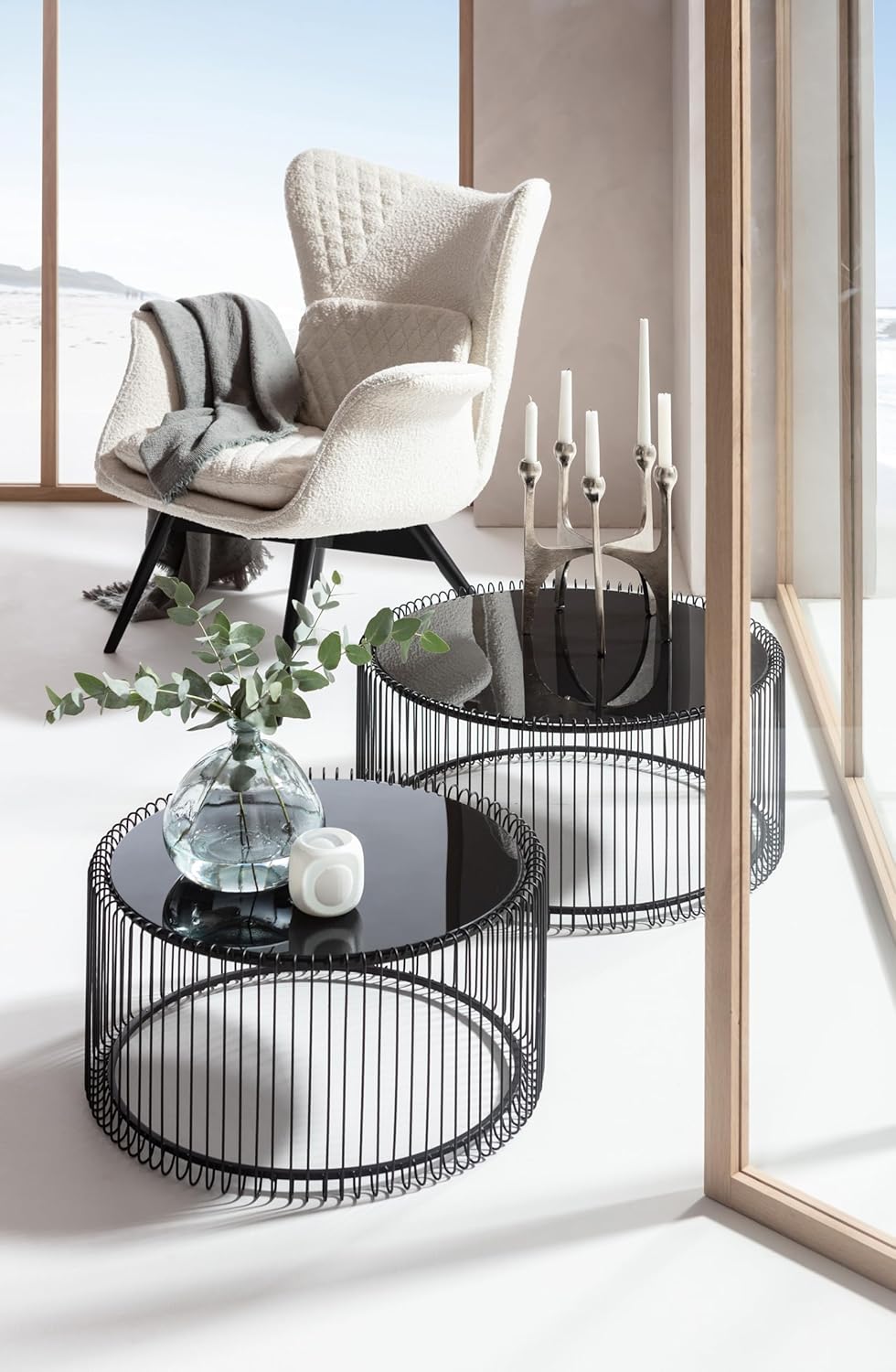 Kare Design Wire Coffee Tables, Set of 2, Black, Round, Steel, Glass Table Top, Diameter 70/60cm, Modern Style, Elegant, Living Room Coffee Table, Interior Decoration, Bedroom Decoration