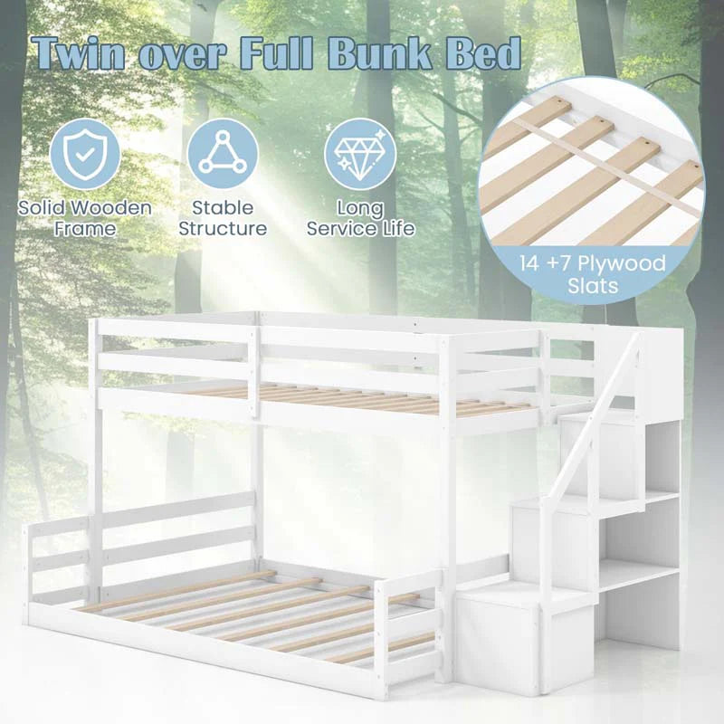 Twin Over Full Bunk Bed with Storage Stairs, Solid Wood Floor Bunk Bed with Full-Length Guardrails - Product image 7