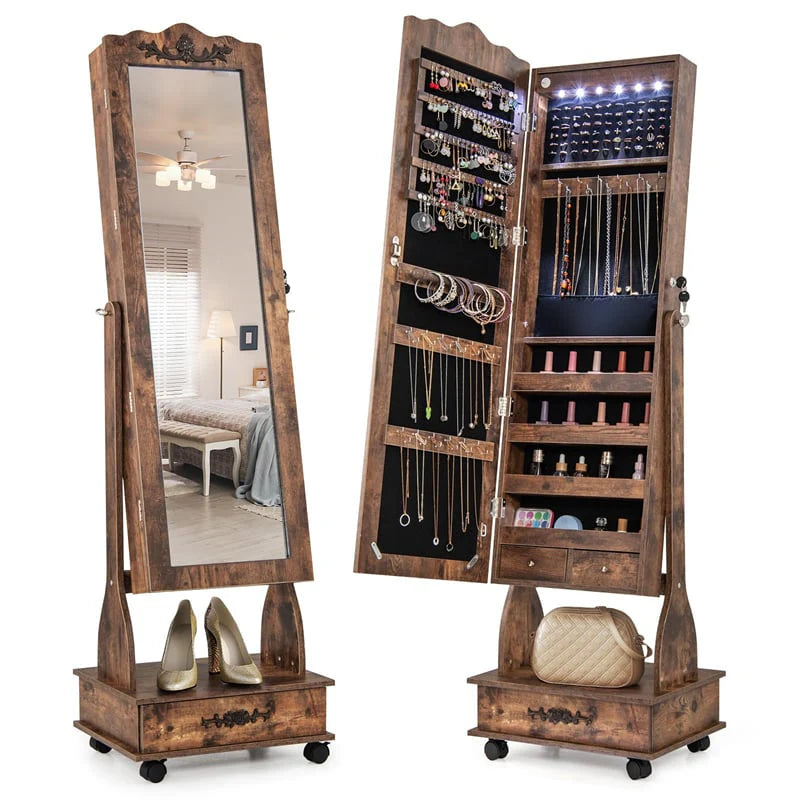 Standing Jewelry Armoire with Full-Length Mirror, Drawers, Lights & Wheels - Product image 17