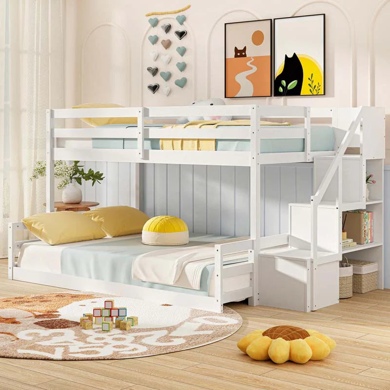 Twin Over Full Bunk Bed with Storage Stairs, Solid Wood Floor Bunk Bed with Full-Length Guardrails - Product image 1