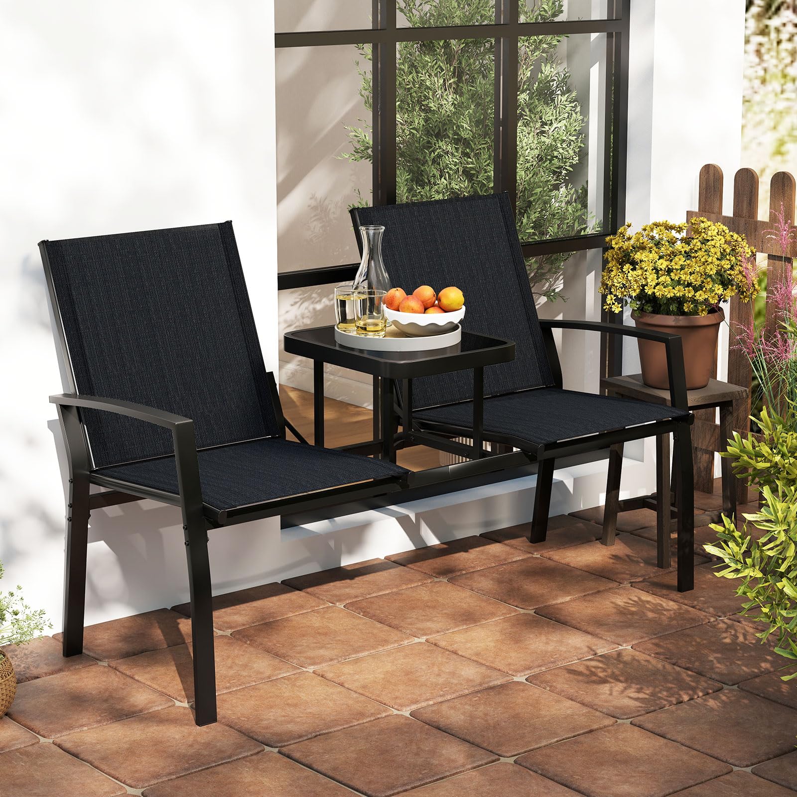Tangkula Patio Loveseat with Built-in Table with Breathable Fabric Back - Product image 2