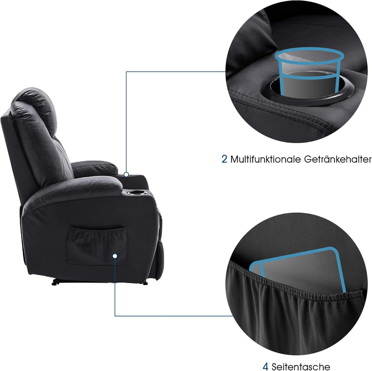 M MCombo Electric Relax Armchair Massage Armchair TV Armchair Reclining Function Vibration Heating 7061 New Model (Black Imitation Leather)