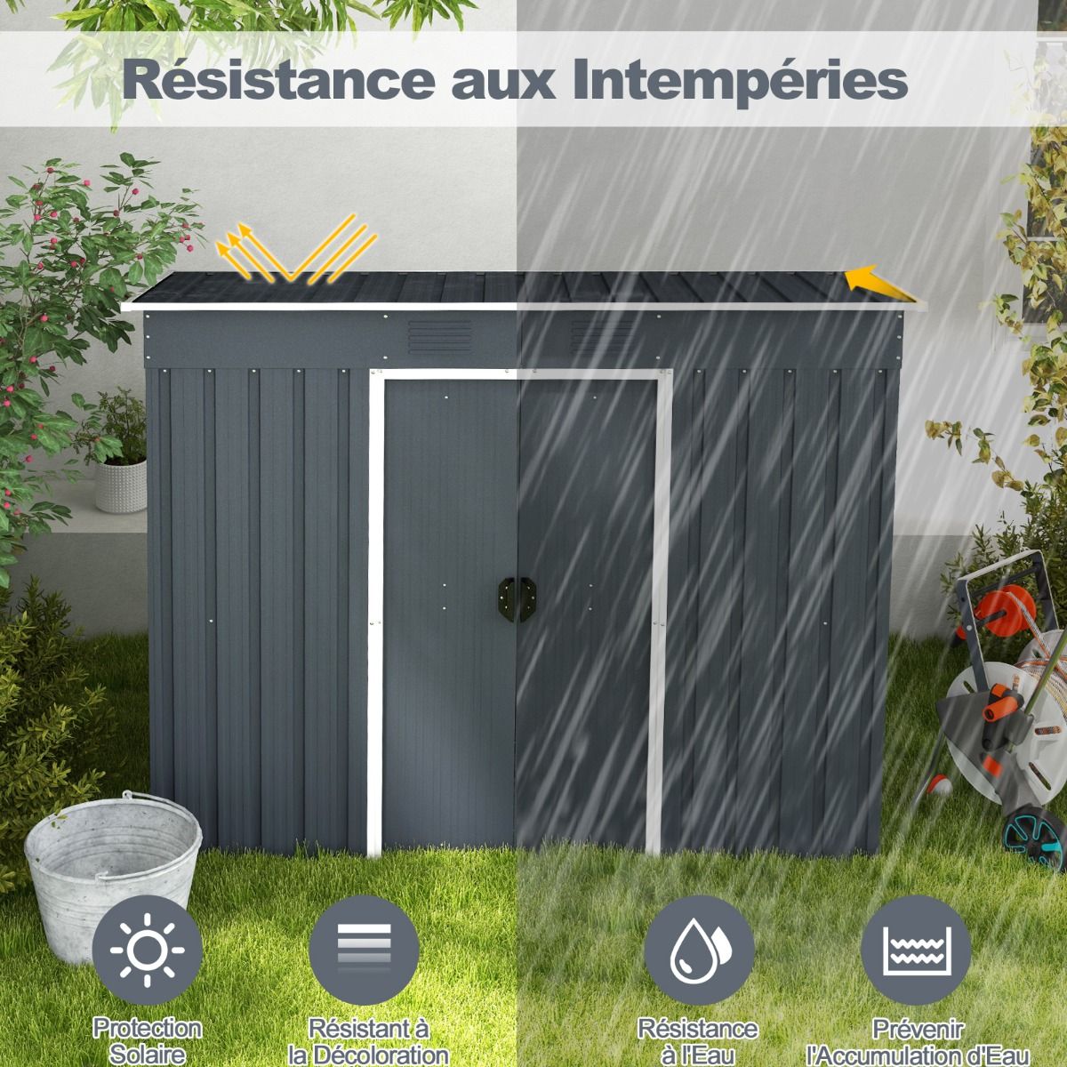 Metal Garden Shed 2.4 ㎡ Single Slope Roof Garden Shed 2 Lockable Sliding Doors Foundation 2 Ventilation Holes Gray -