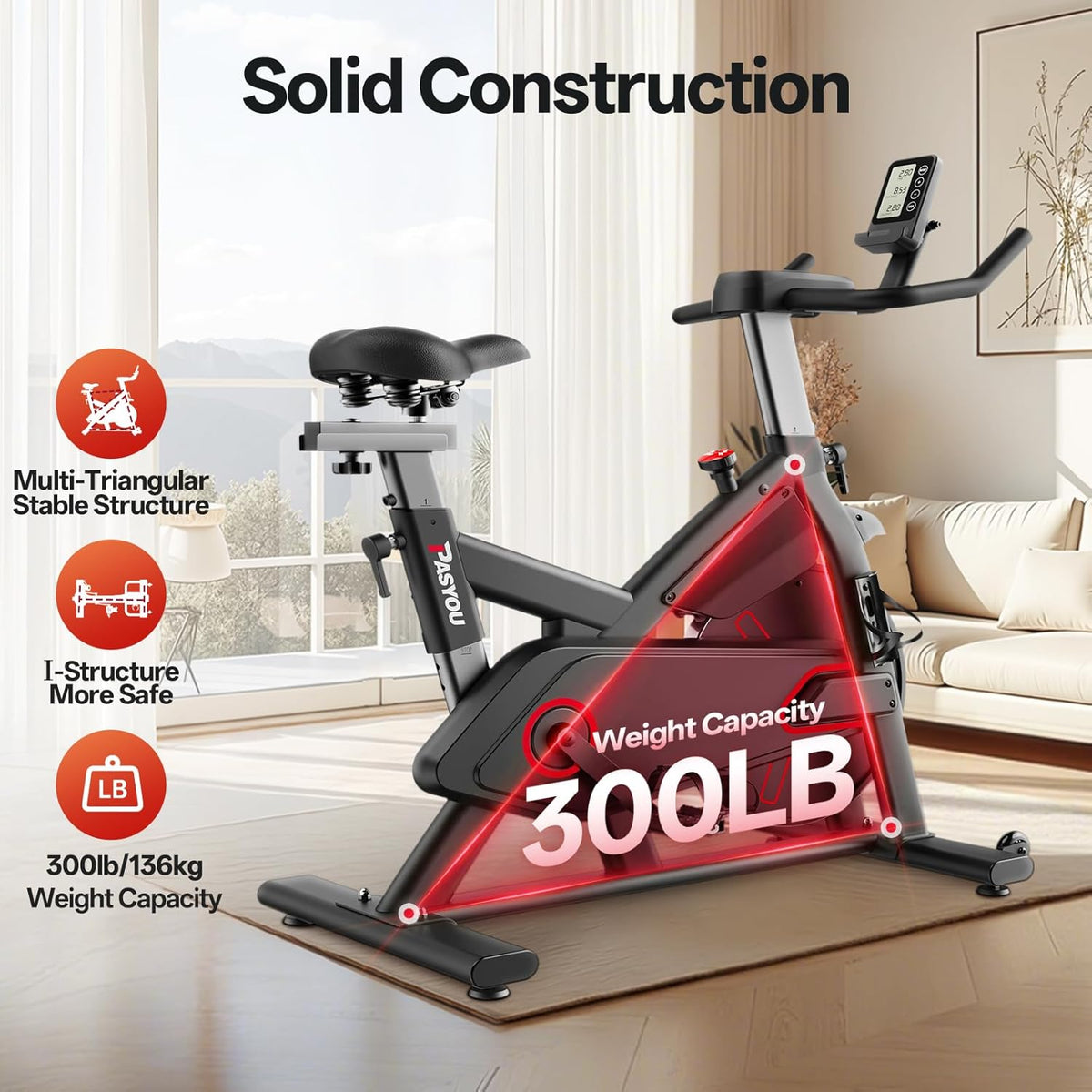 Pasyou Exercise Bike with Magnetic Resistance, Fitness Bike, Indoor Cardio Workout Spinning Bike, Home Stationary with Monitor, Tablet Holder