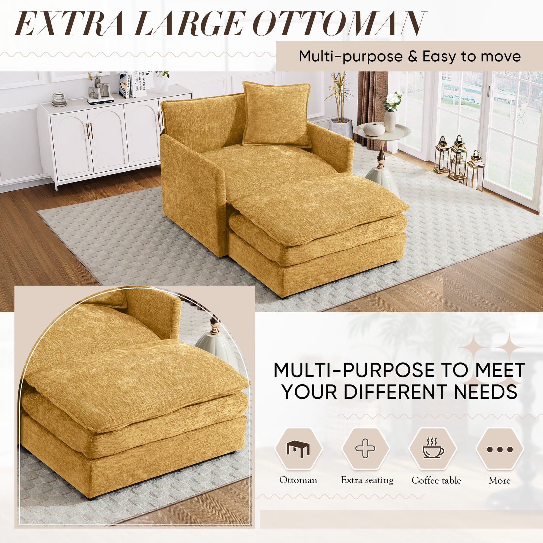 Muumblus Oversized Lounge Chair with Ottoman, Cloud Accent Armchair for Living Room, Beige Chenille - Product image 32