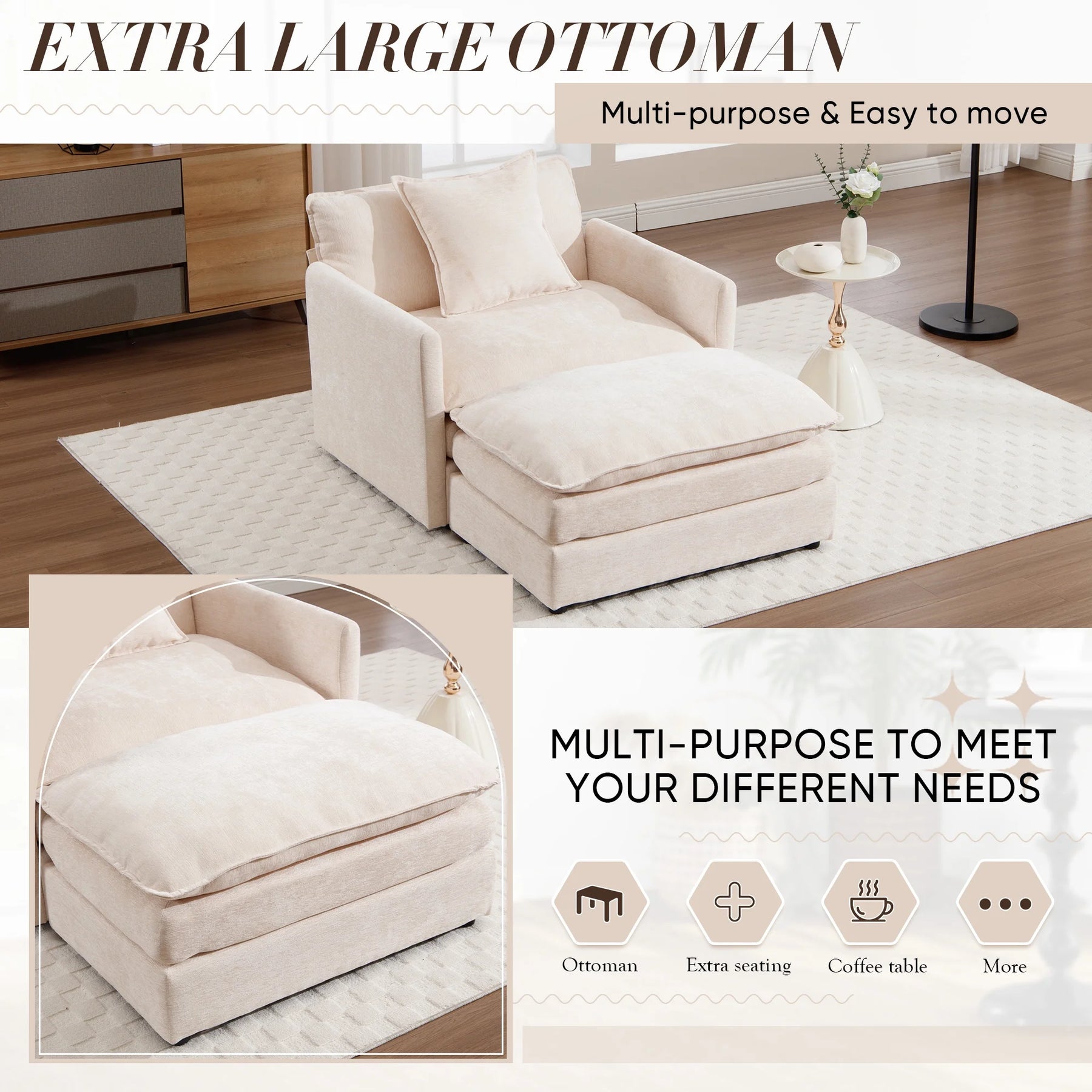 Muumblus Oversized Lounge Chair with Ottoman, Cloud Accent Armchair for Living Room, Beige Chenille - Product image 15