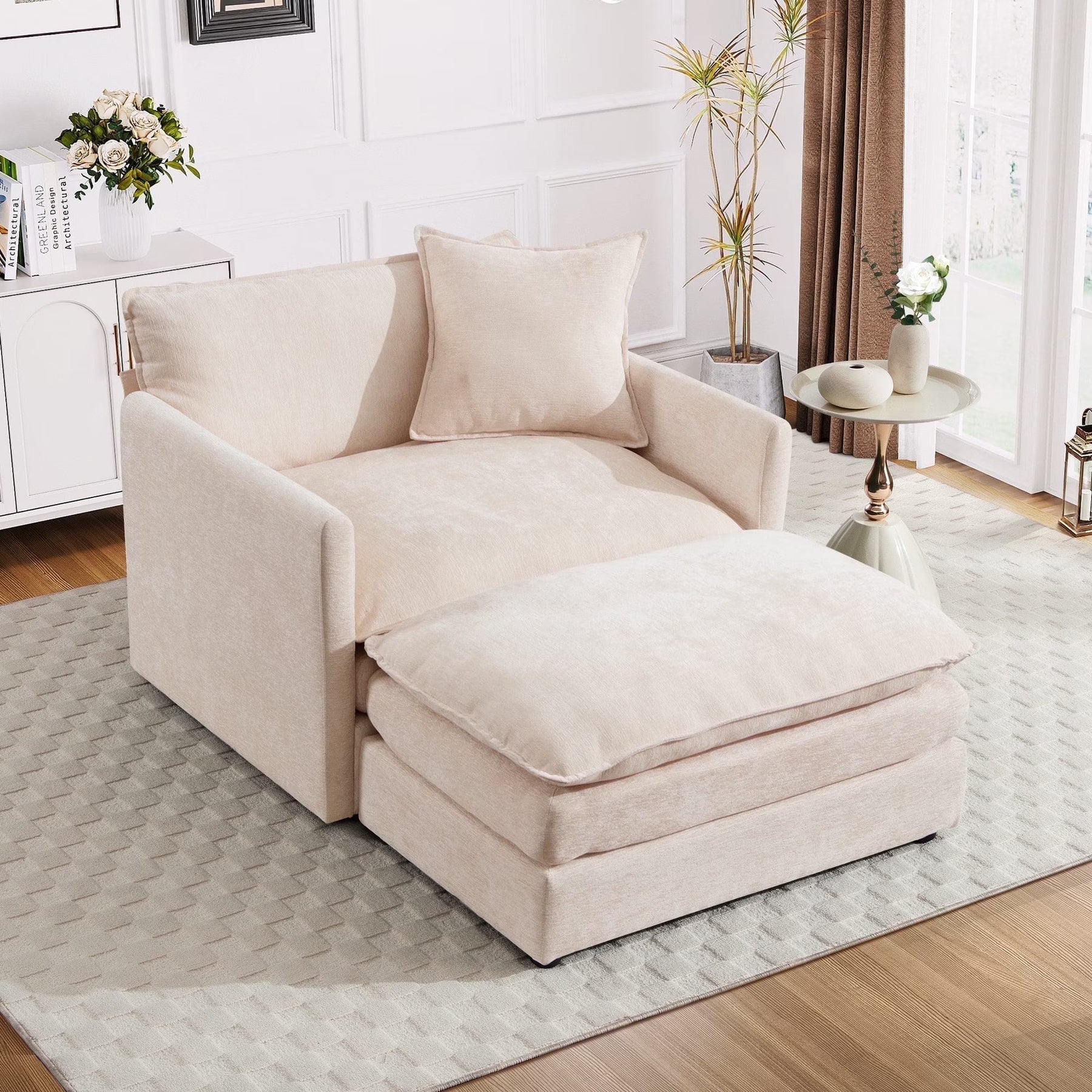 Muumblus Oversized Lounge Chair with Ottoman, Cloud Accent Armchair for Living Room, Beige Chenille - Product image 1