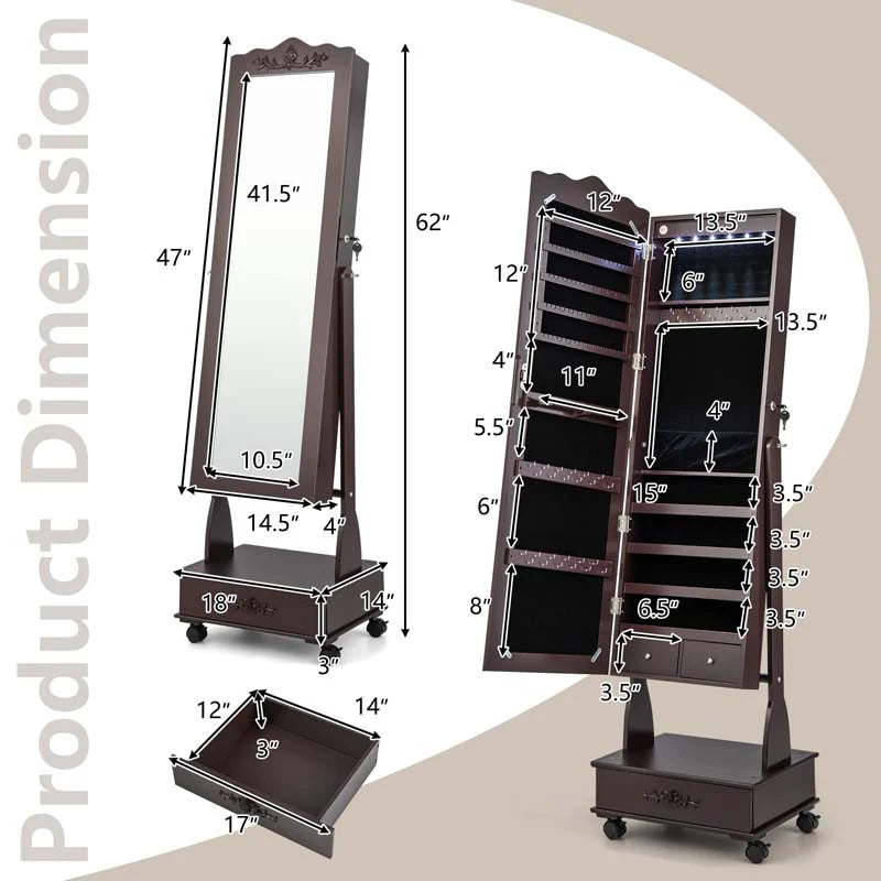 Standing Jewelry Armoire with Full-Length Mirror, Drawers, Lights & Wheels - Product image 8