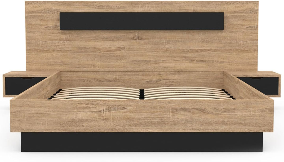 IDMarket - Santa Storage Bed with Integrated Bedside Tables and Box Spring 140x190cm Wood and Black Color