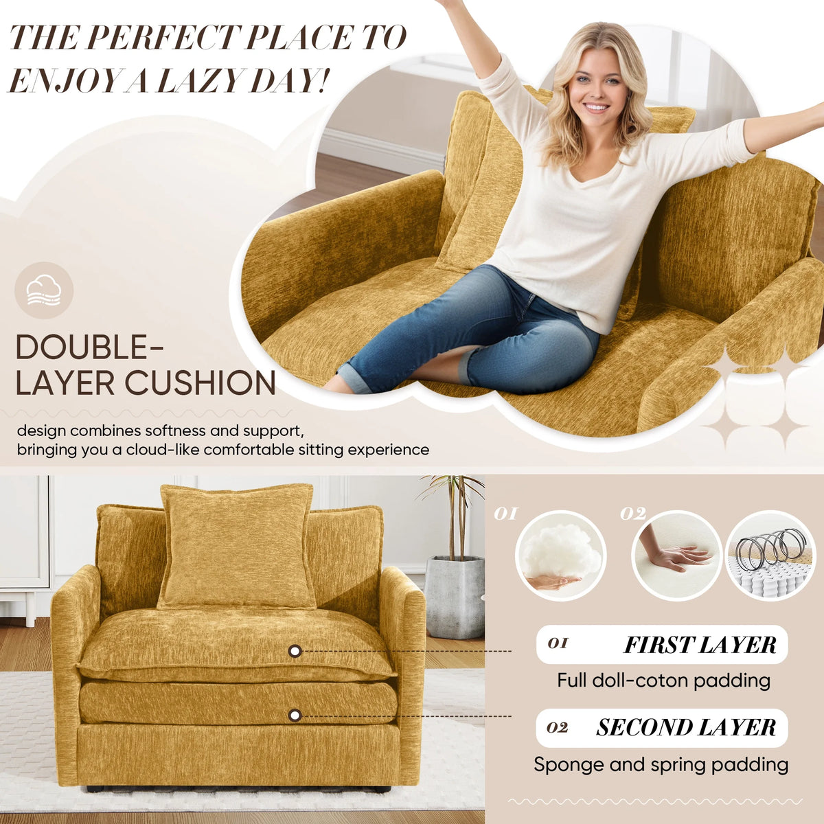 Muumblus Oversized Lounge Chair with Ottoman, Cloud Accent Armchair for Living Room, Beige Chenille - Product image 29