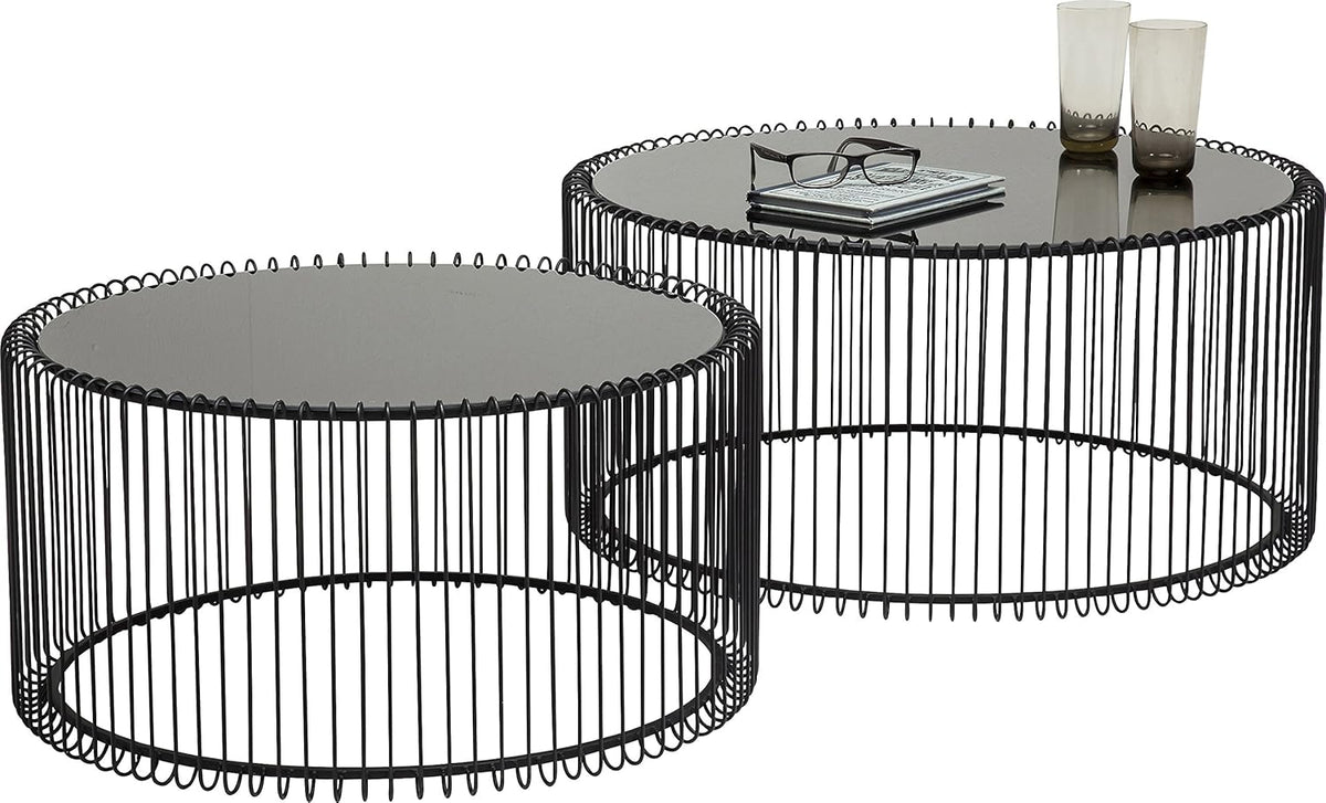 Kare Design Wire Coffee Tables, Set of 2, Black, Round, Steel, Glass Table Top, Diameter 70/60cm, Modern Style, Elegant, Living Room Coffee Table, Interior Decoration, Bedroom Decoration