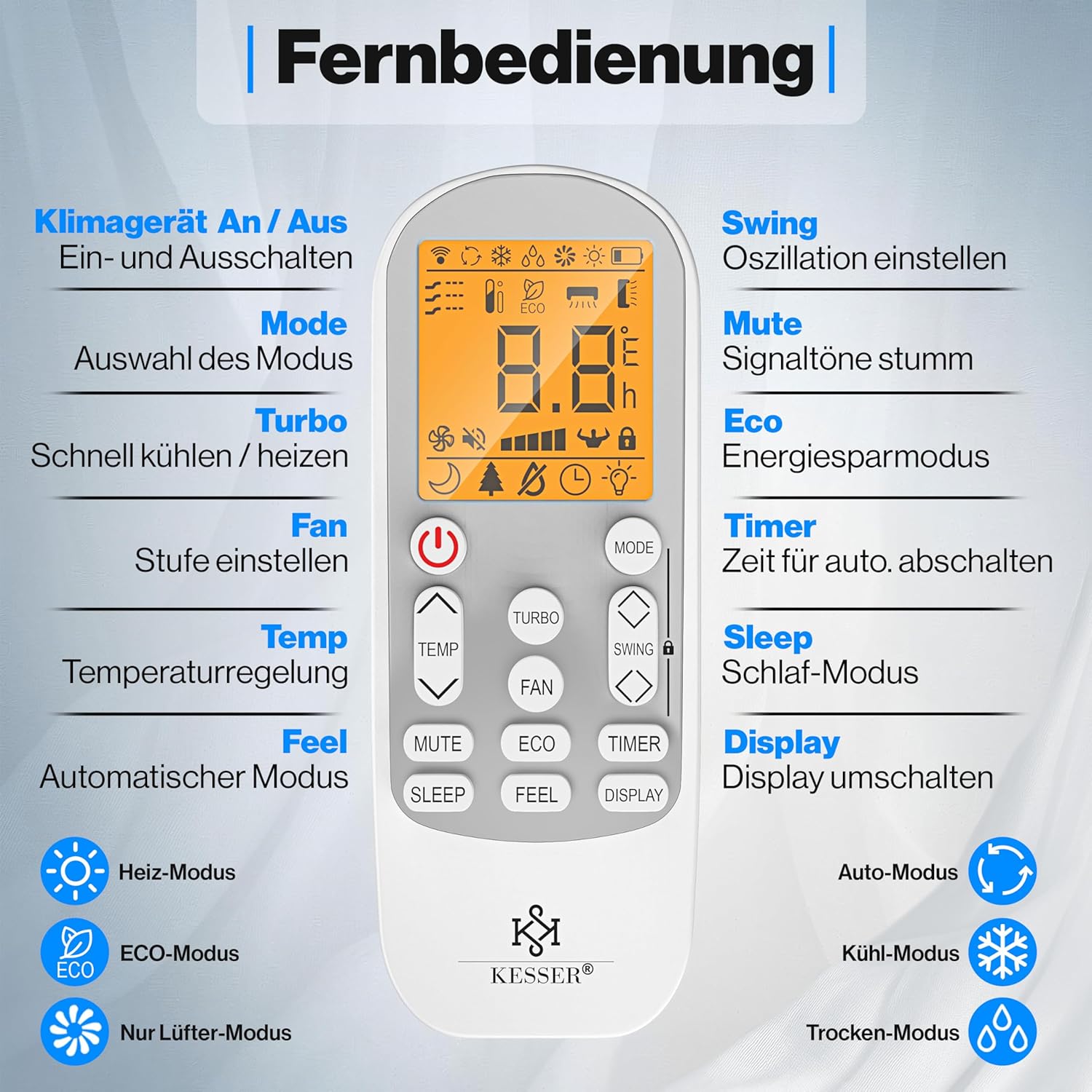KESSER® Reversible Air Conditioning SET - Air Conditioner with WiFi/App Function - A++ Cooling/A+ Heating R32 Refrigerant - Split LCD Screen 9000 BTU/h / 2600 Watt - Anthracite
