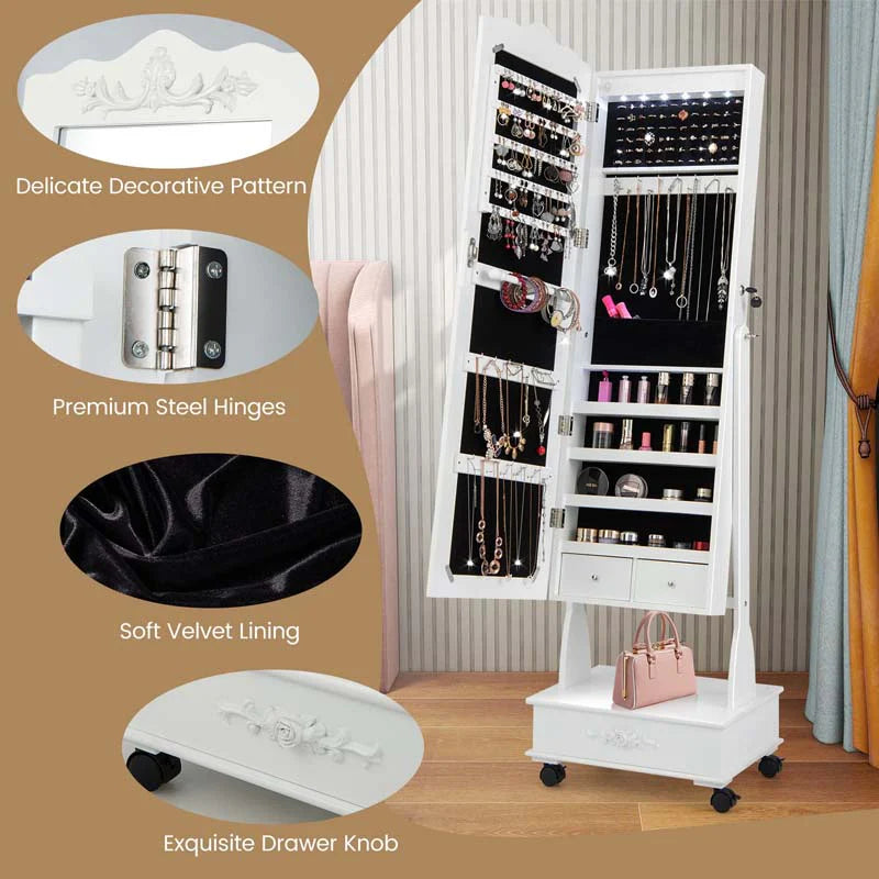 Standing Jewelry Armoire with Full-Length Mirror, Drawers, Lights & Wheels - Product image 13