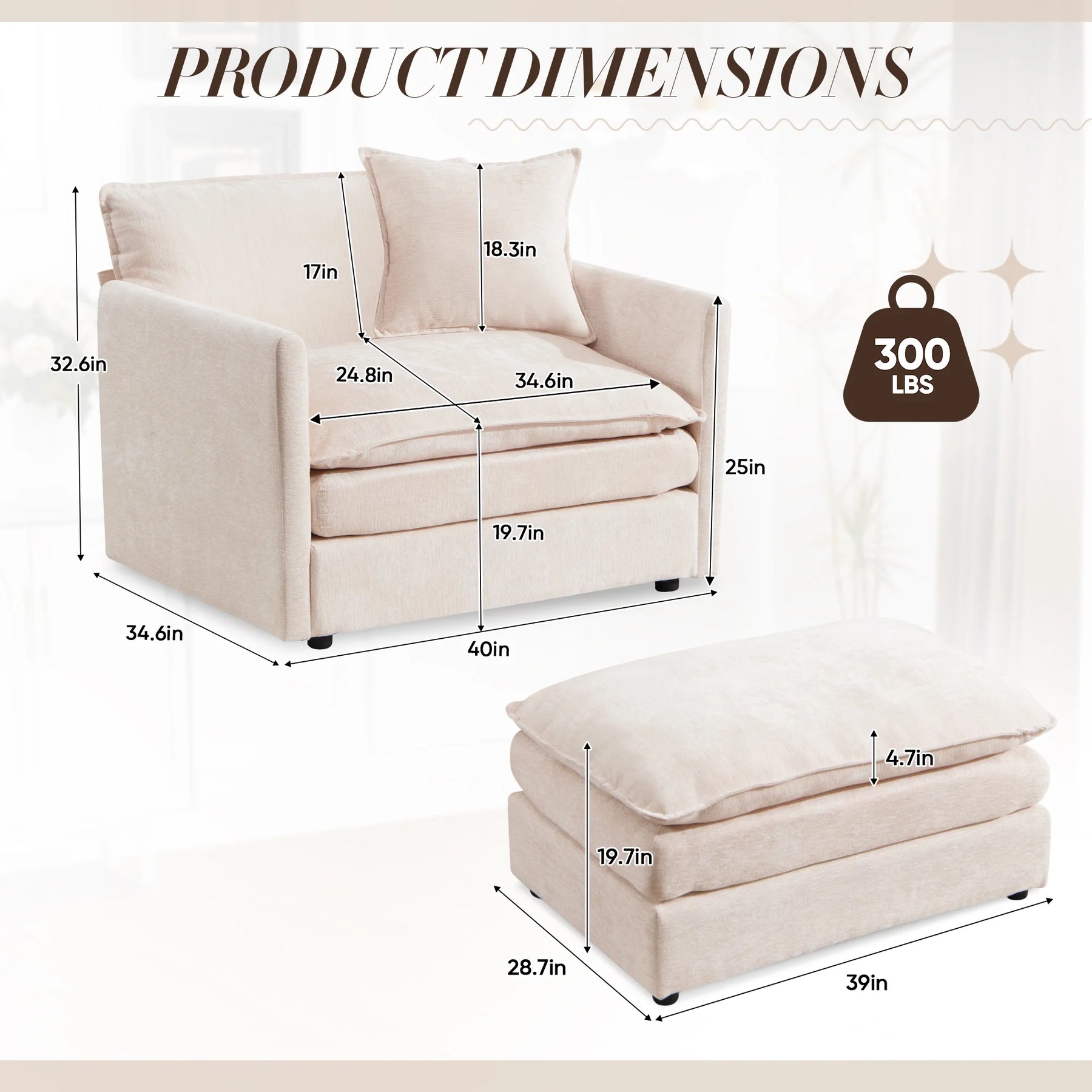 Muumblus Oversized Lounge Chair with Ottoman, Cloud Accent Armchair for Living Room, Beige Chenille - Product image 16