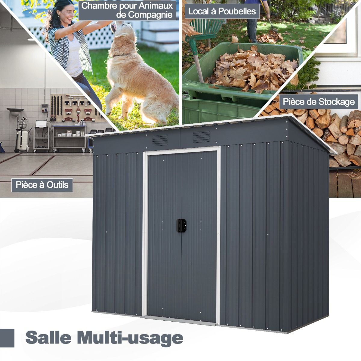 Metal Garden Shed 2.4 ㎡ Single Slope Roof Garden Shed 2 Lockable Sliding Doors Foundation 2 Ventilation Holes Gray -