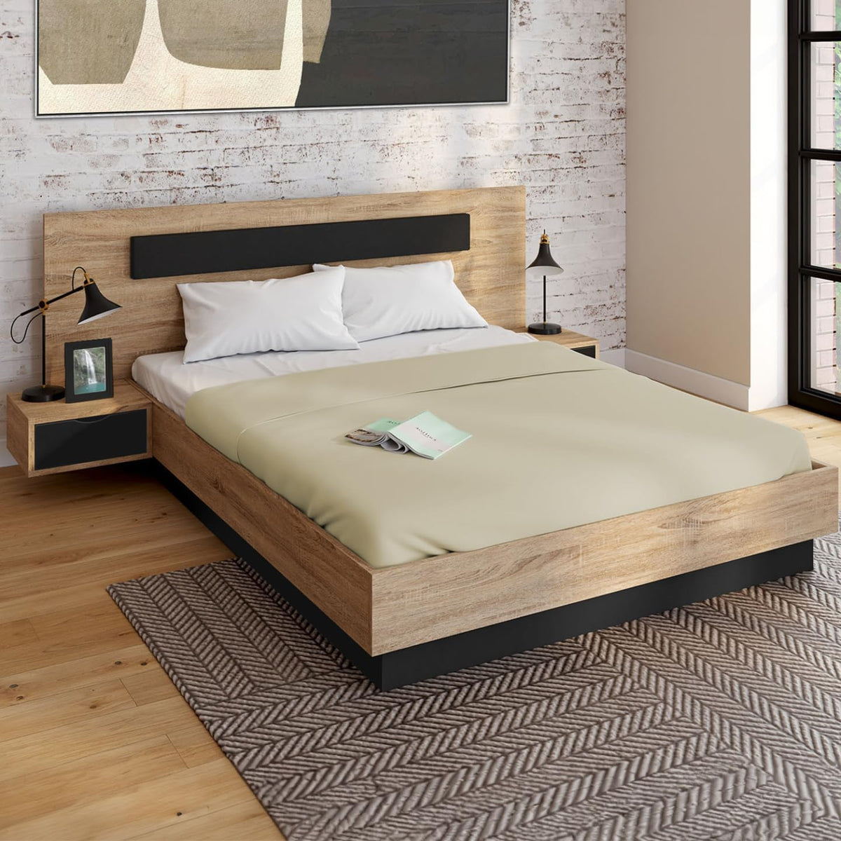 IDMarket - Santa Storage Bed with Integrated Bedside Tables and Box Spring 140x190cm Wood and Black Color