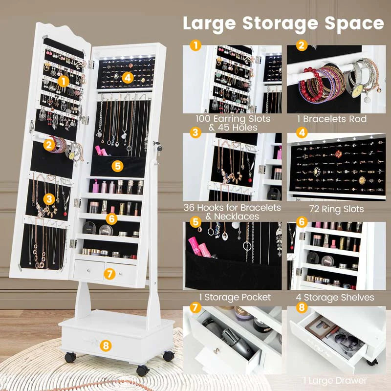 Standing Jewelry Armoire with Full-Length Mirror, Drawers, Lights & Wheels - Product image 12