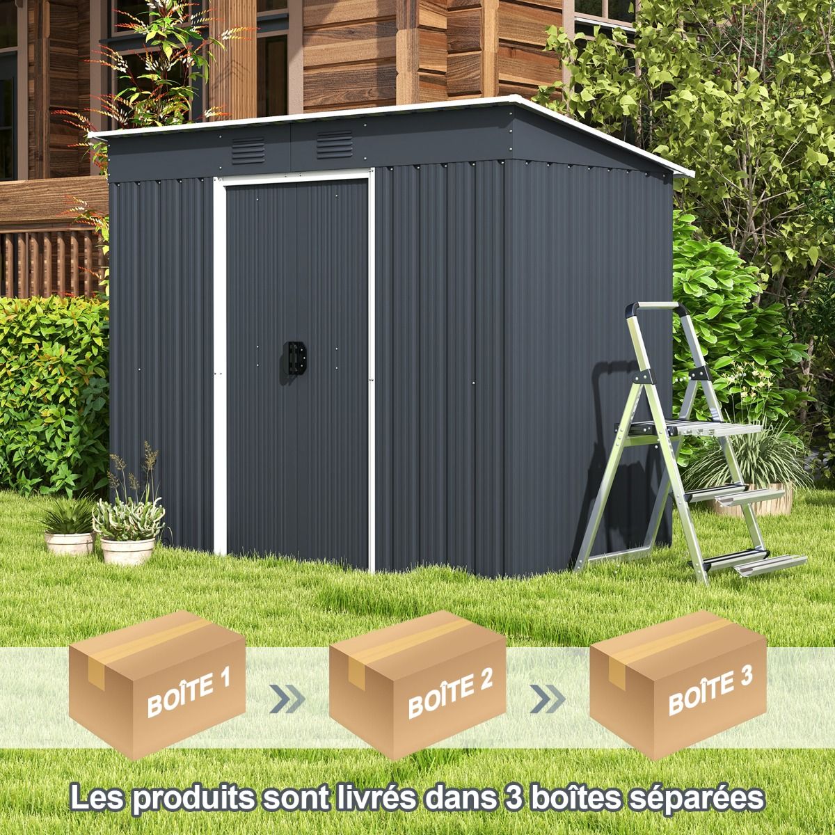Metal Garden Shed 2.4 ㎡ Single Slope Roof Garden Shed 2 Lockable Sliding Doors Foundation 2 Ventilation Holes Gray -