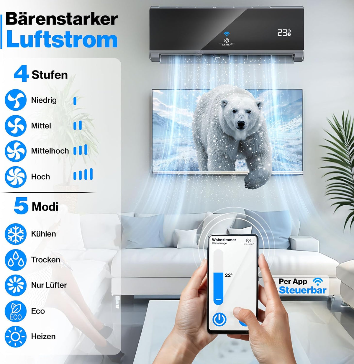 KESSER® Reversible Air Conditioning SET - Air Conditioner with WiFi/App Function - A++ Cooling/A+ Heating R32 Refrigerant - Split LCD Screen 9000 BTU/h / 2600 Watt - Anthracite