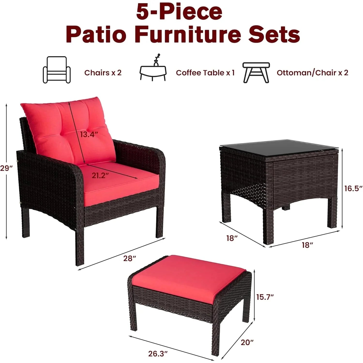 AECOJOY Outdoor 5 Pieces Patio Furniture Set, PE Rattan Wicker Chairs with Ottoman and Table, Brown/Red - Product image 3