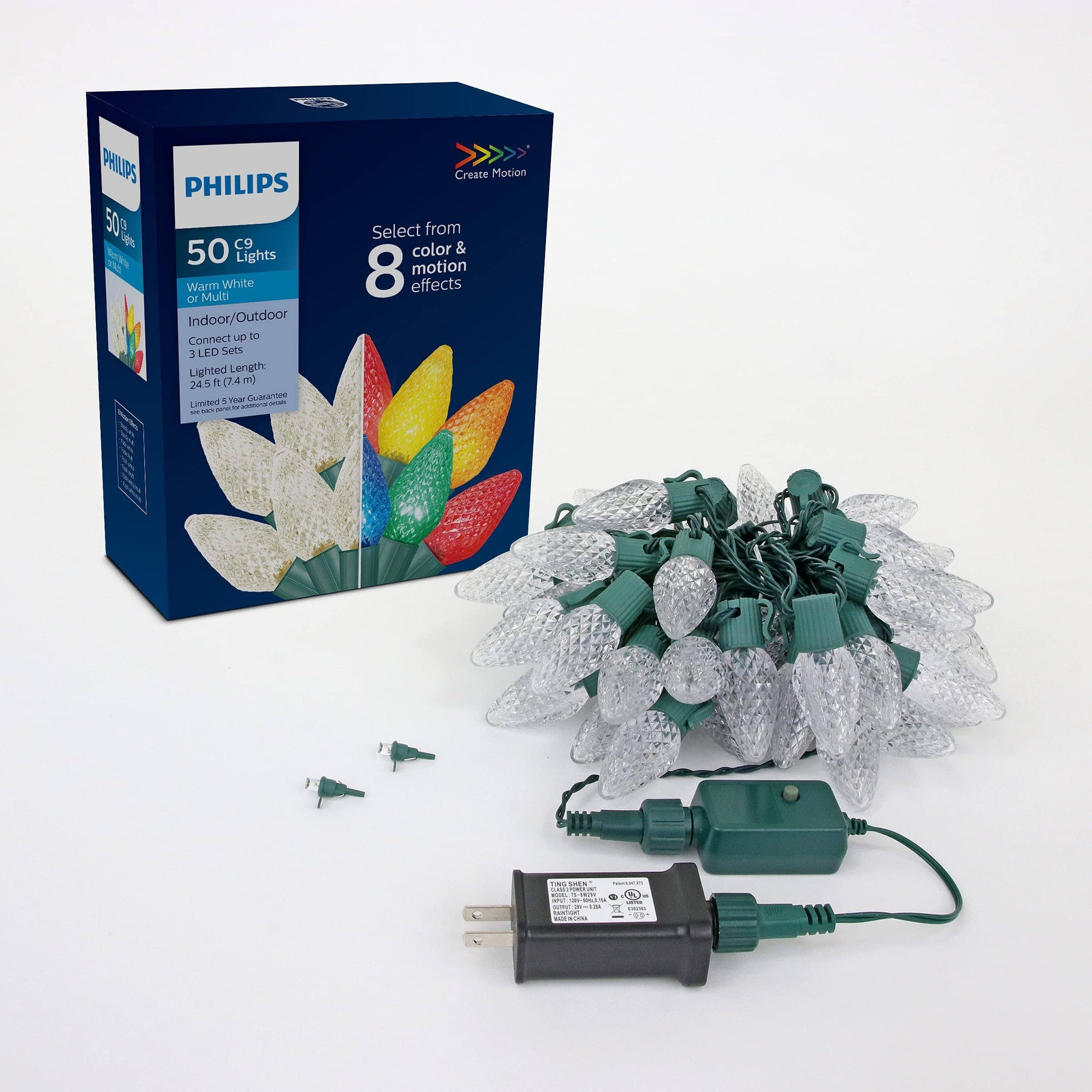 Philips 50 LED 8 Function Bicolor Faceted C9 Christmas Lights on Green Wire - Product image 1