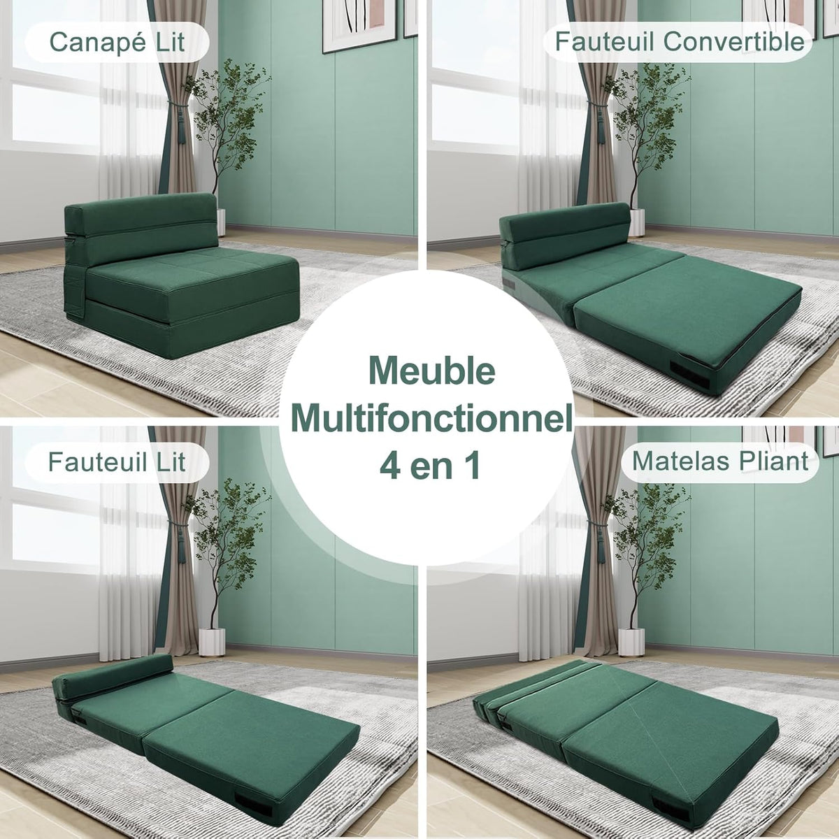 ANONER Convertible Floor Sofa 1 Seater Convertible Sofa, 1 Seater Memory Foam Sofa Bed & Pillow, Folding Sofa Mattress for Bedroom Living Room, Dark Green