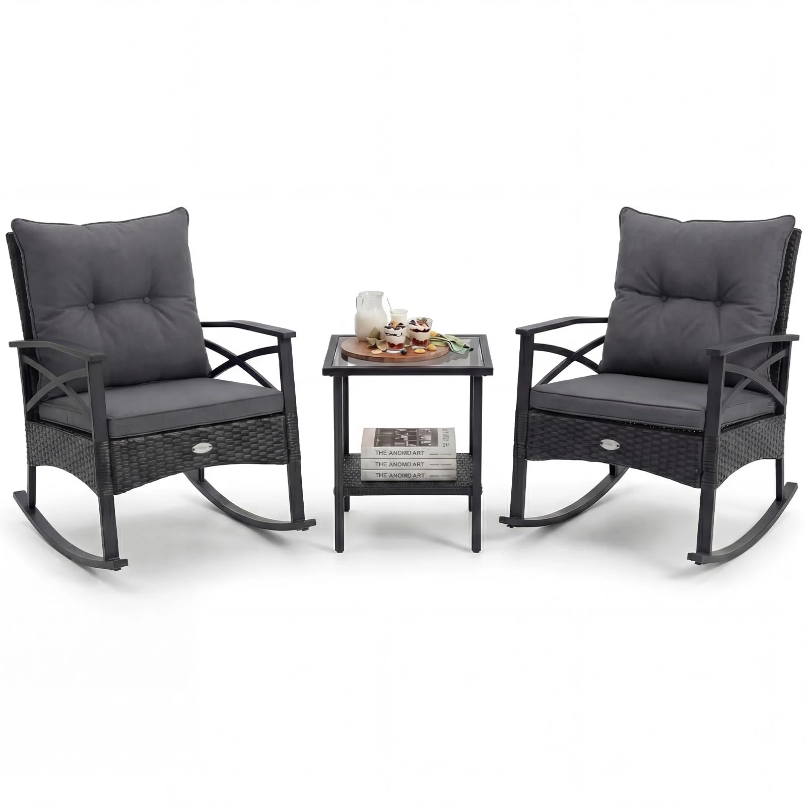 Tangkula 3 Pieces Outdoor Rocking Chairs Set Rattan Heavy Duty Cushioned Rocker Chairs - Product image 1