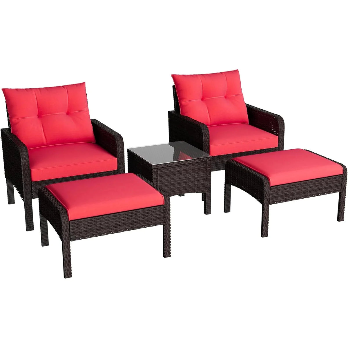 AECOJOY Outdoor 5 Pieces Patio Furniture Set, PE Rattan Wicker Chairs with Ottoman and Table, Brown/Red - Product image 1
