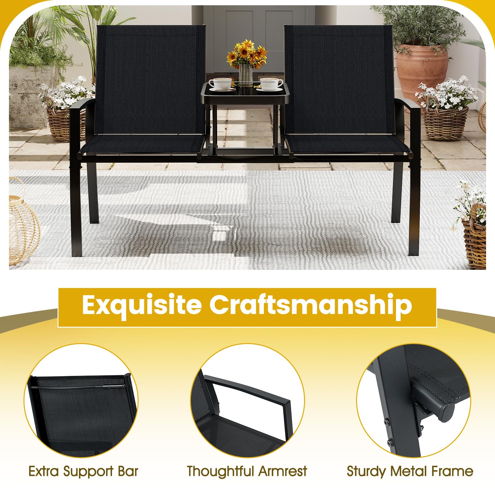Tangkula Patio Loveseat with Built-in Table with Breathable Fabric Back - Product image 8