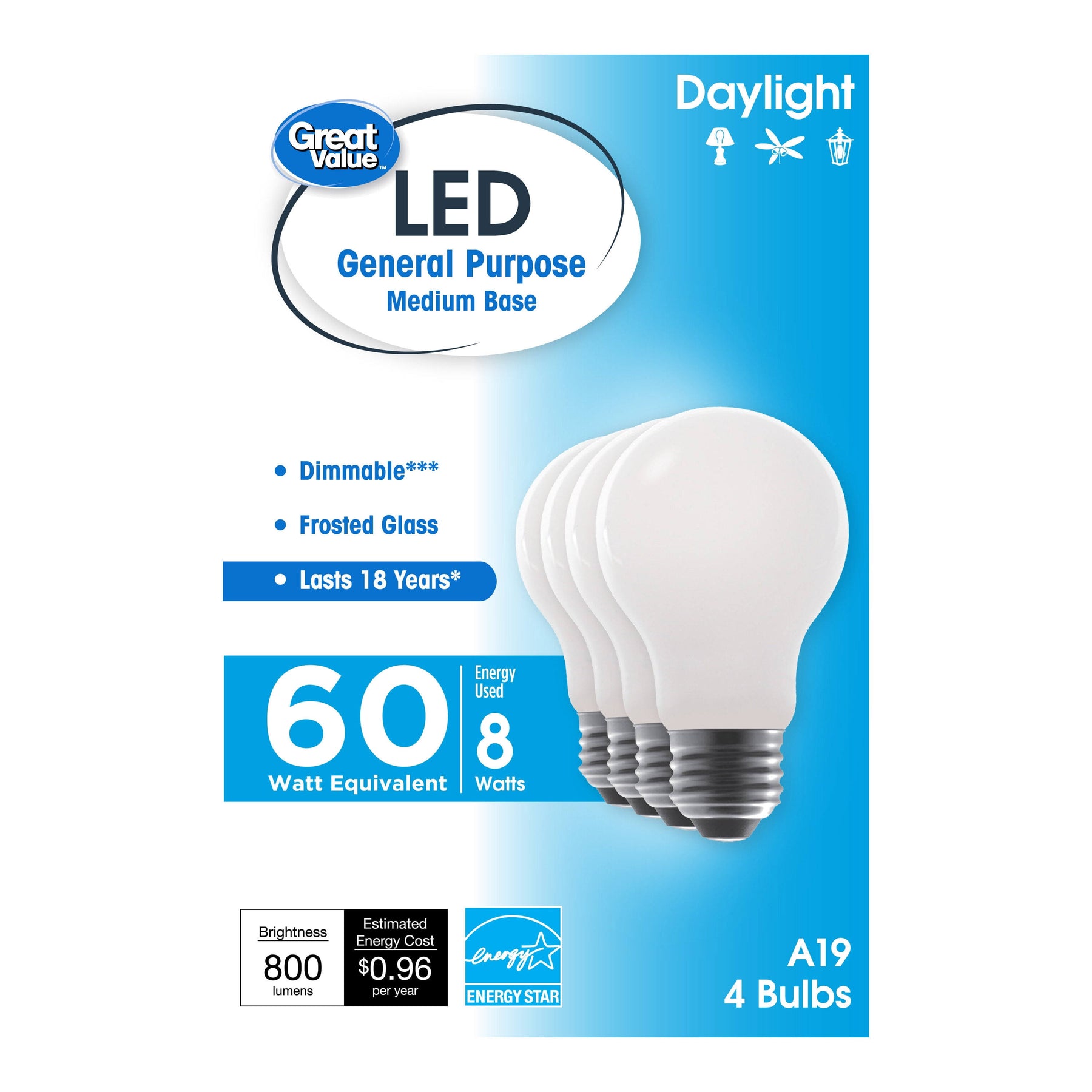 Great Value 18 Year LED Light Bulbs, A19 60 Watts Equivalent, 8 Watts Efficient, Dimmable, Daylight - Product image 1