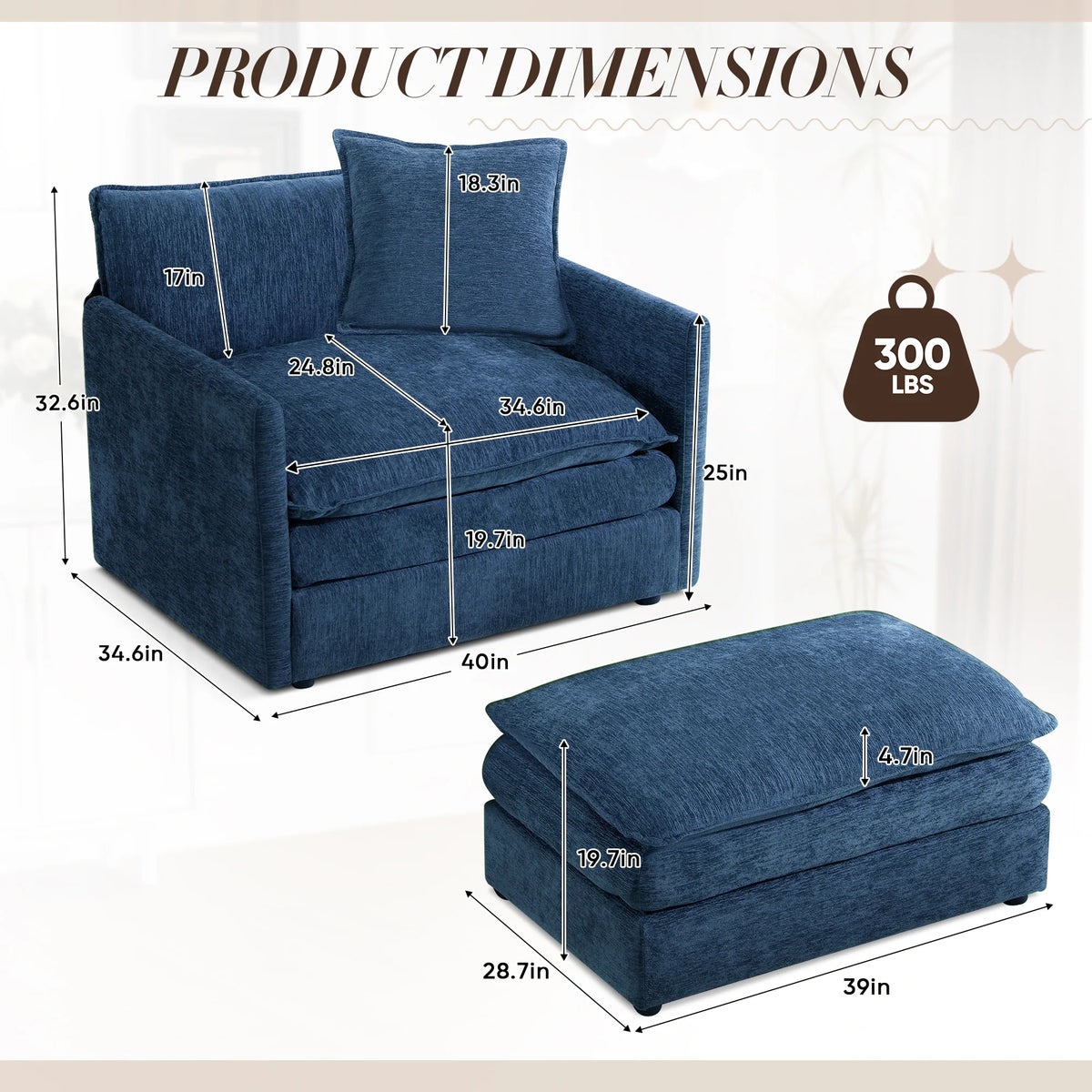Muumblus Oversized Lounge Chair with Ottoman, Cloud Accent Armchair for Living Room, Beige Chenille - Product image 45