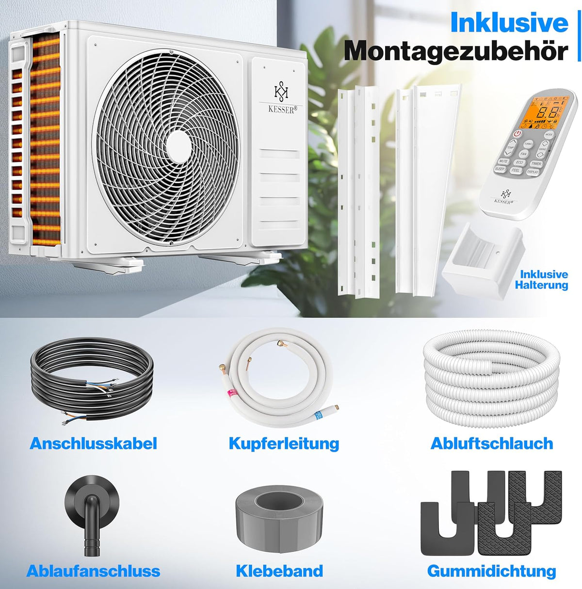 KESSER® Reversible Air Conditioning SET - Air Conditioner with WiFi/App Function - A++ Cooling/A+ Heating R32 Refrigerant - Split LCD Screen 9000 BTU/h / 2600 Watt - Anthracite