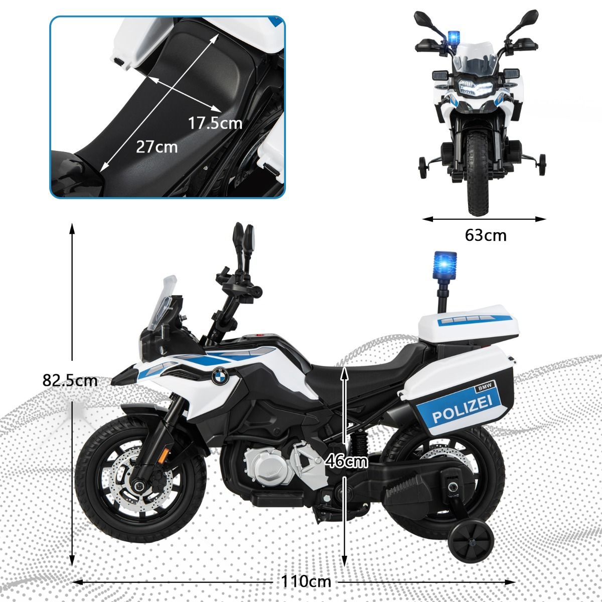 12V/7AH Electric Motorcycle for Children 6km/h Police Model with Horn Music Siren Headlights for 3-8 Years Old -